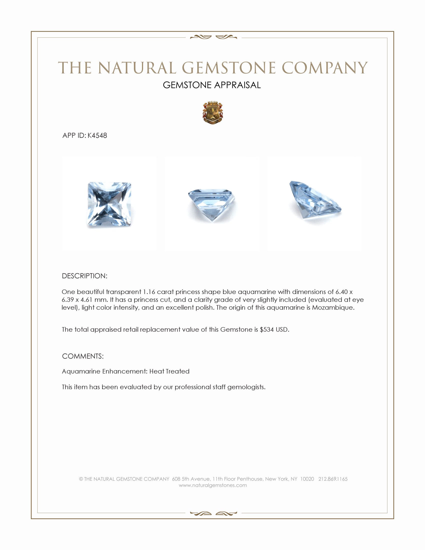 1.16 Ct. Blue Aquamarine from Mozambique