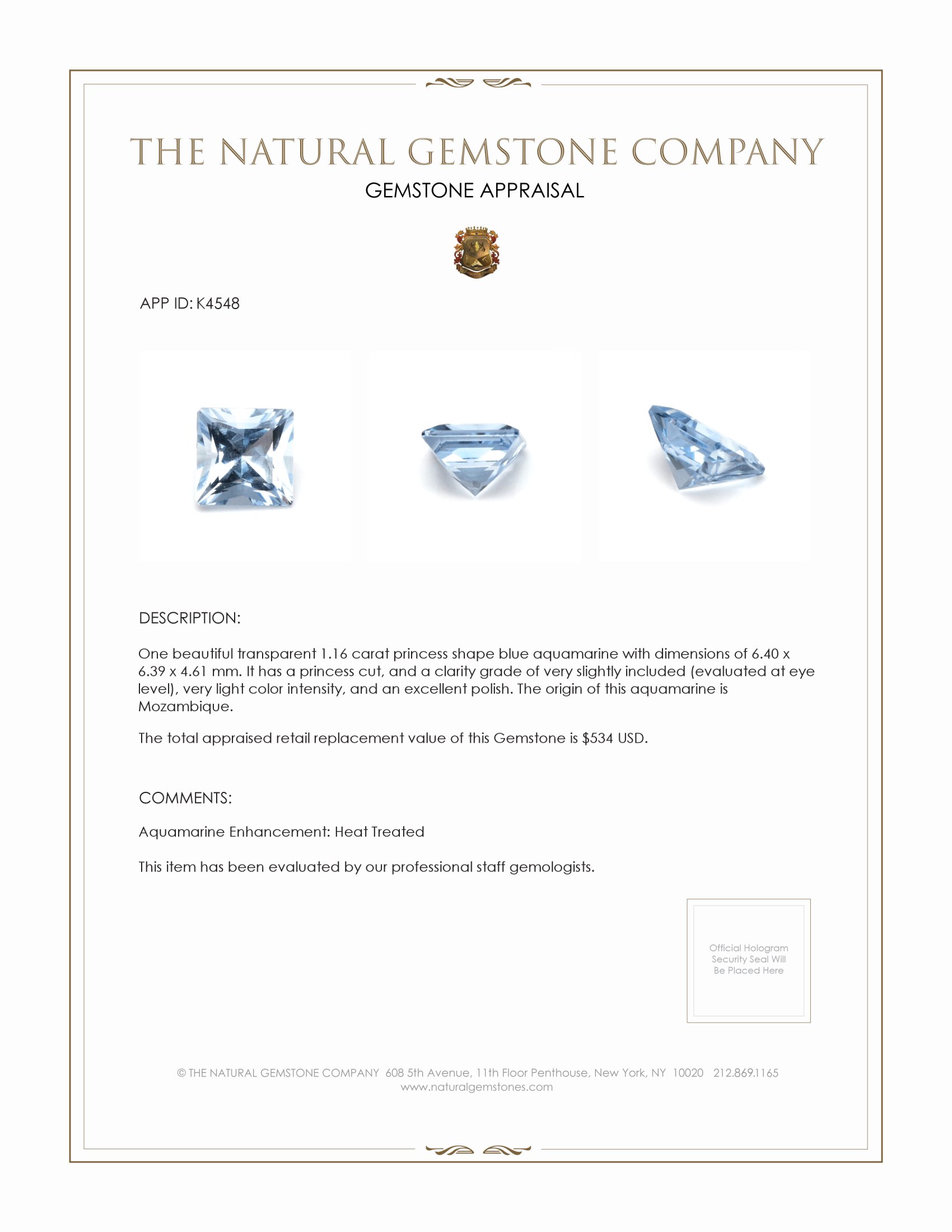 1.16 Ct. Aquamarine from Mozambique
