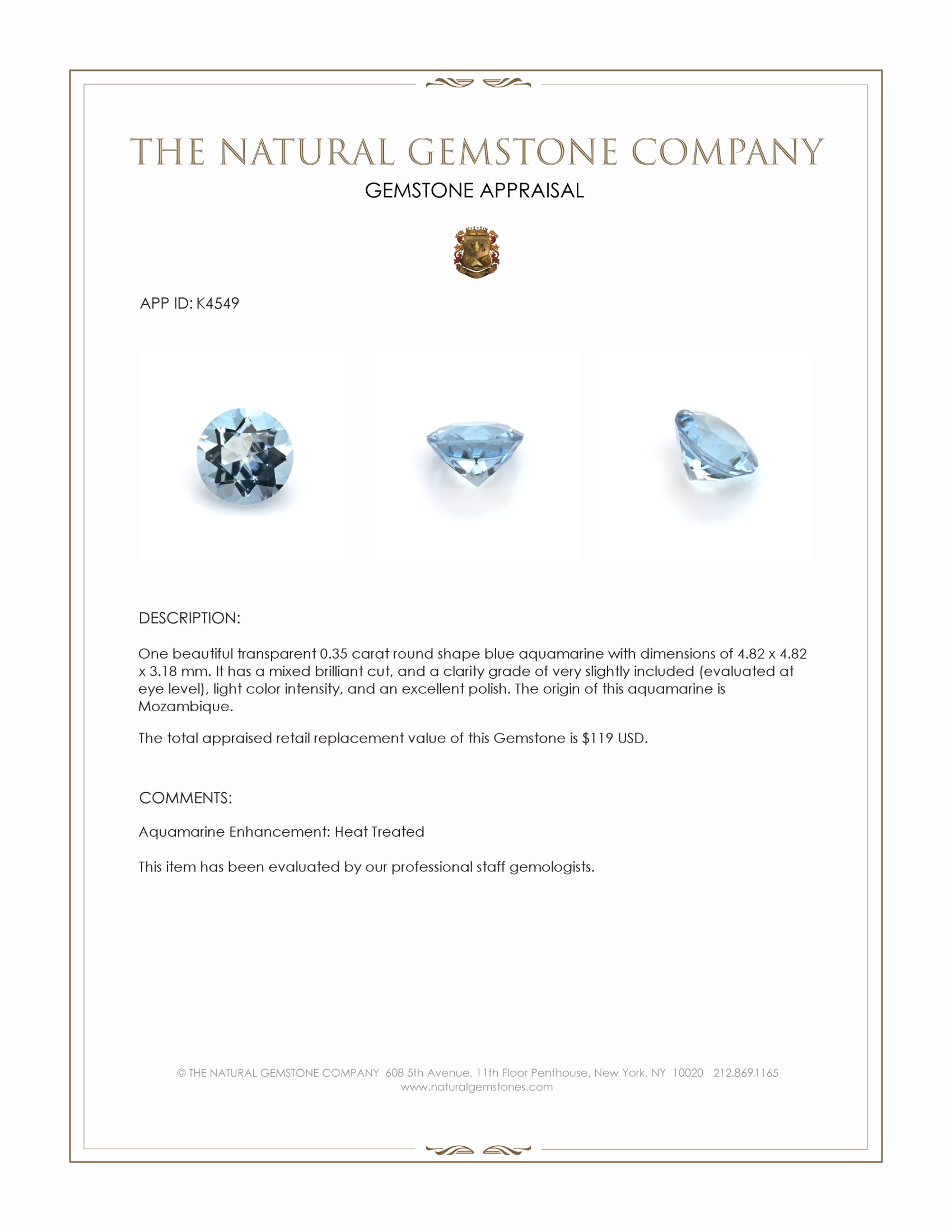 0.35 Ct. Blue Aquamarine from Mozambique