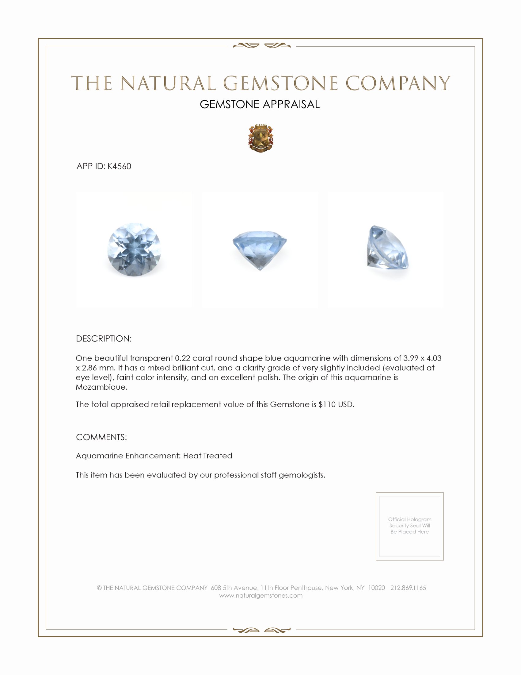 0.22 Ct. Aquamarine from Mozambique