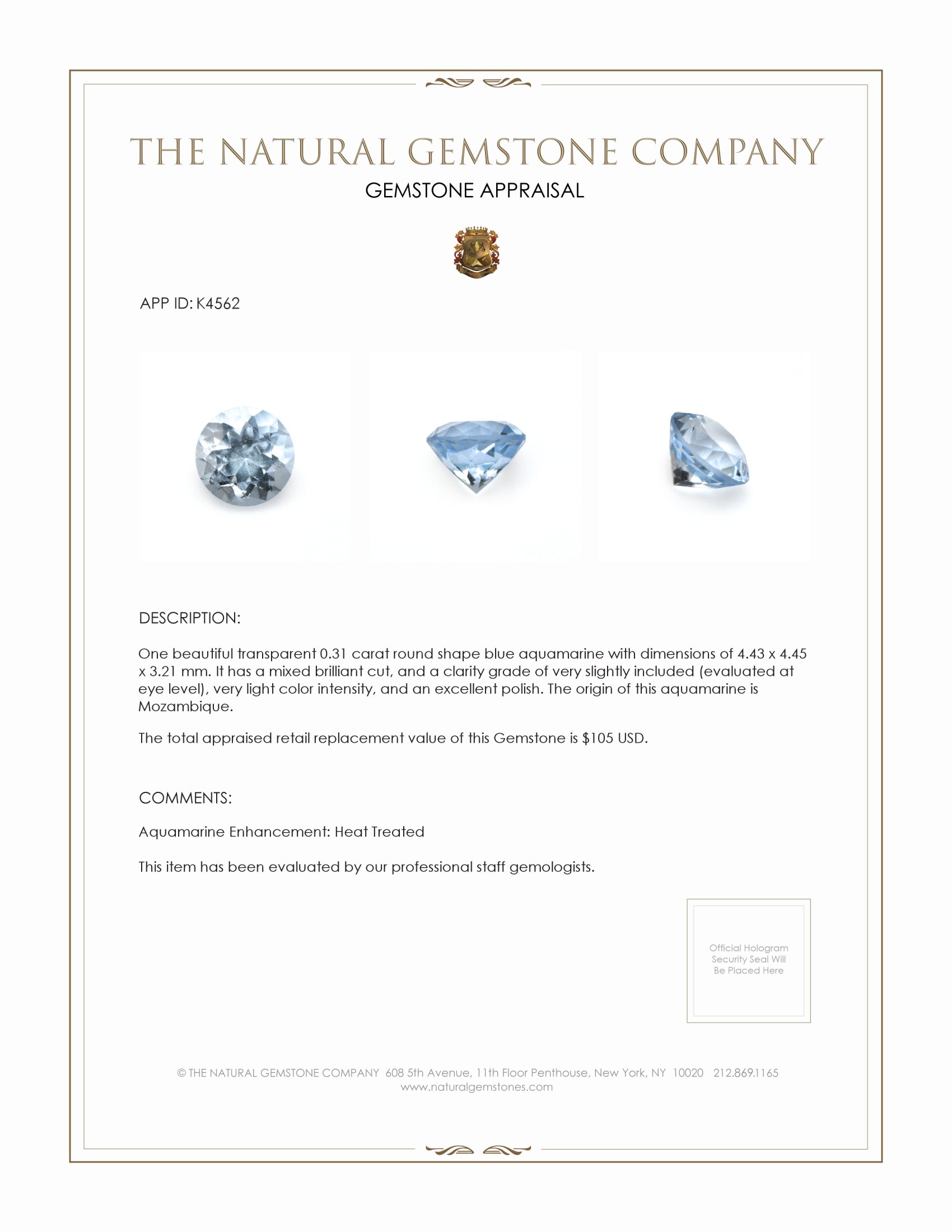 0.31 Ct. Aquamarine from Mozambique