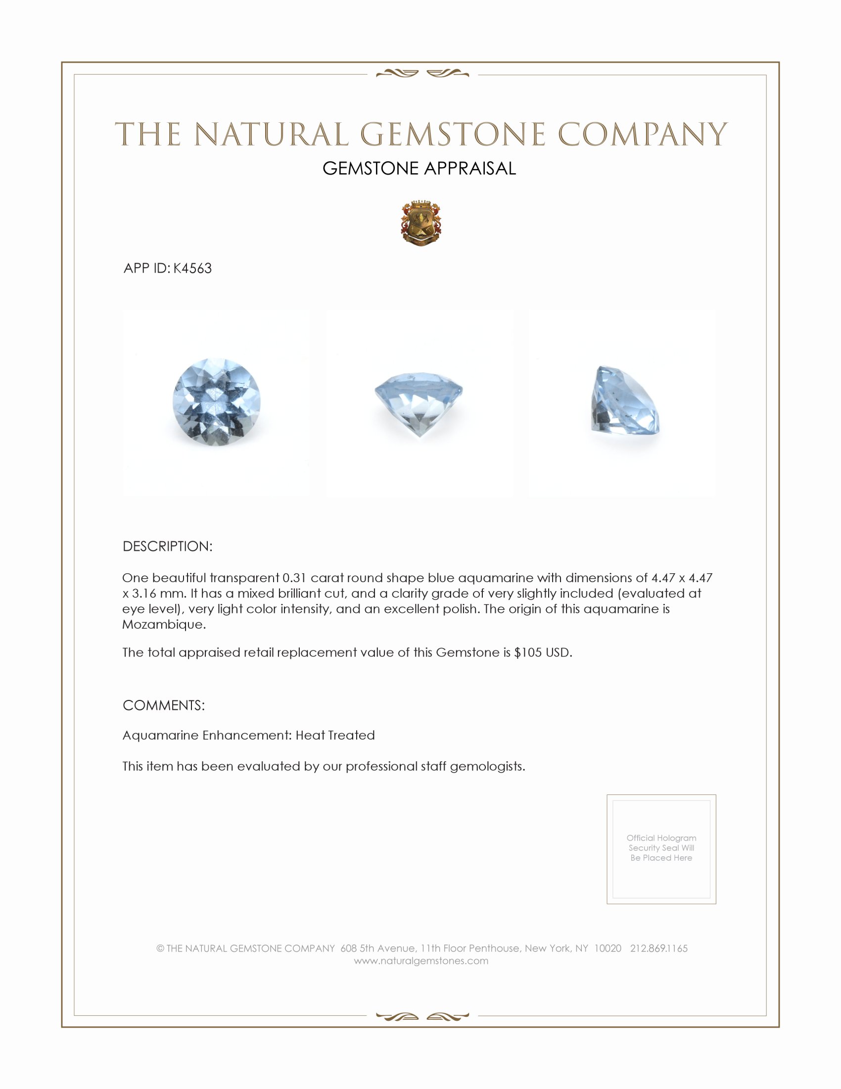 0.31 Ct. Aquamarine from Mozambique