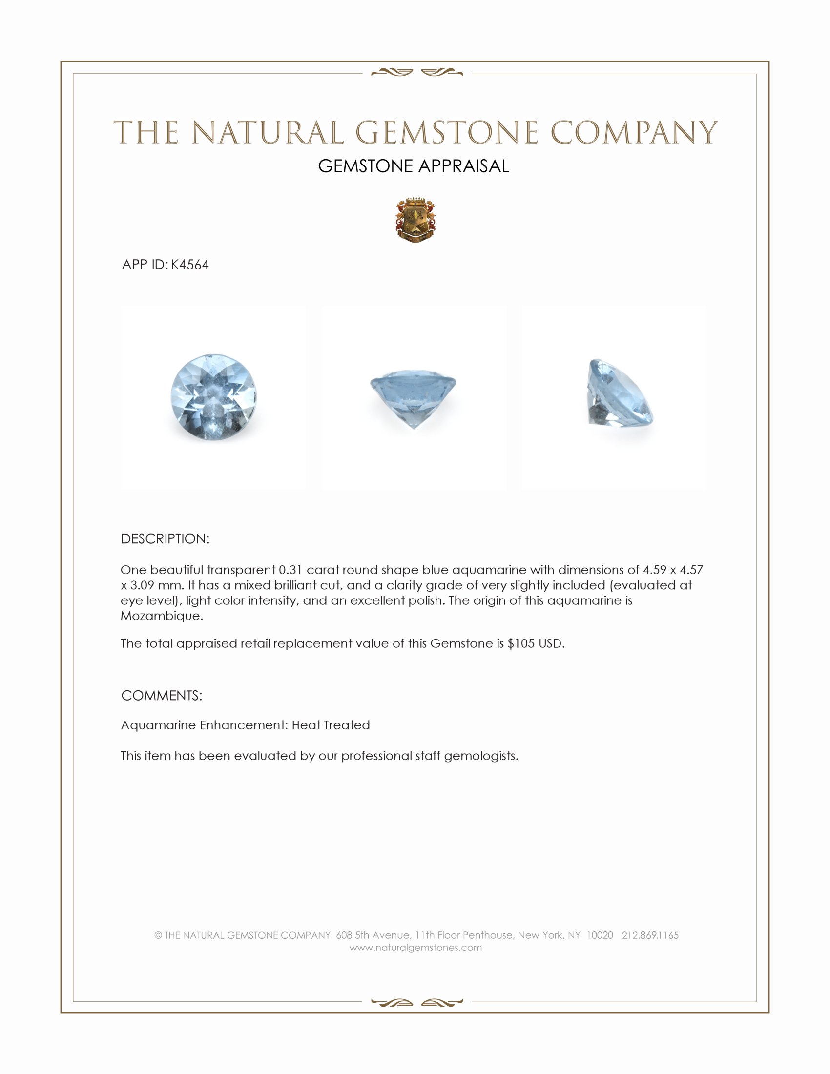 0.31 Ct. Blue Aquamarine from Mozambique