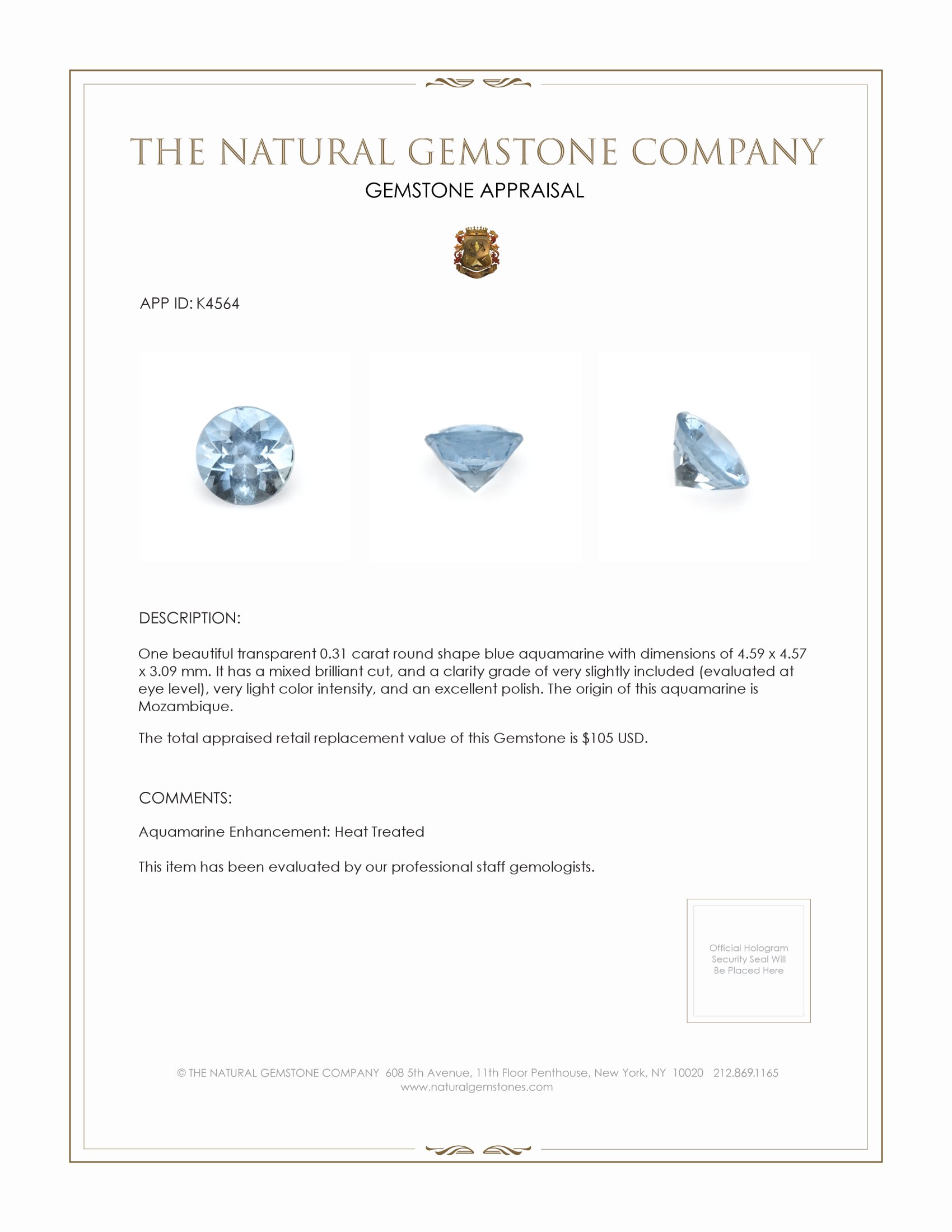 0.31 Ct. Aquamarine from Mozambique
