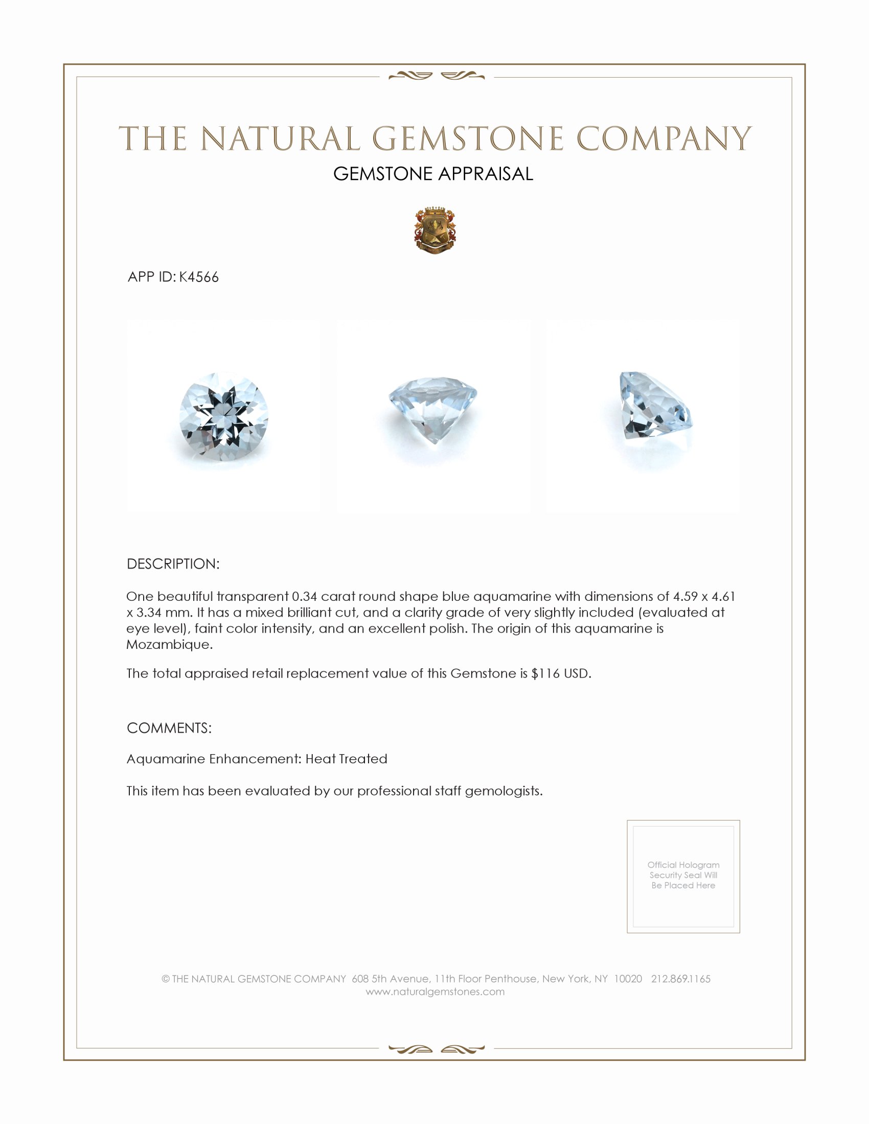 0.34 Ct. Blue Aquamarine from Mozambique