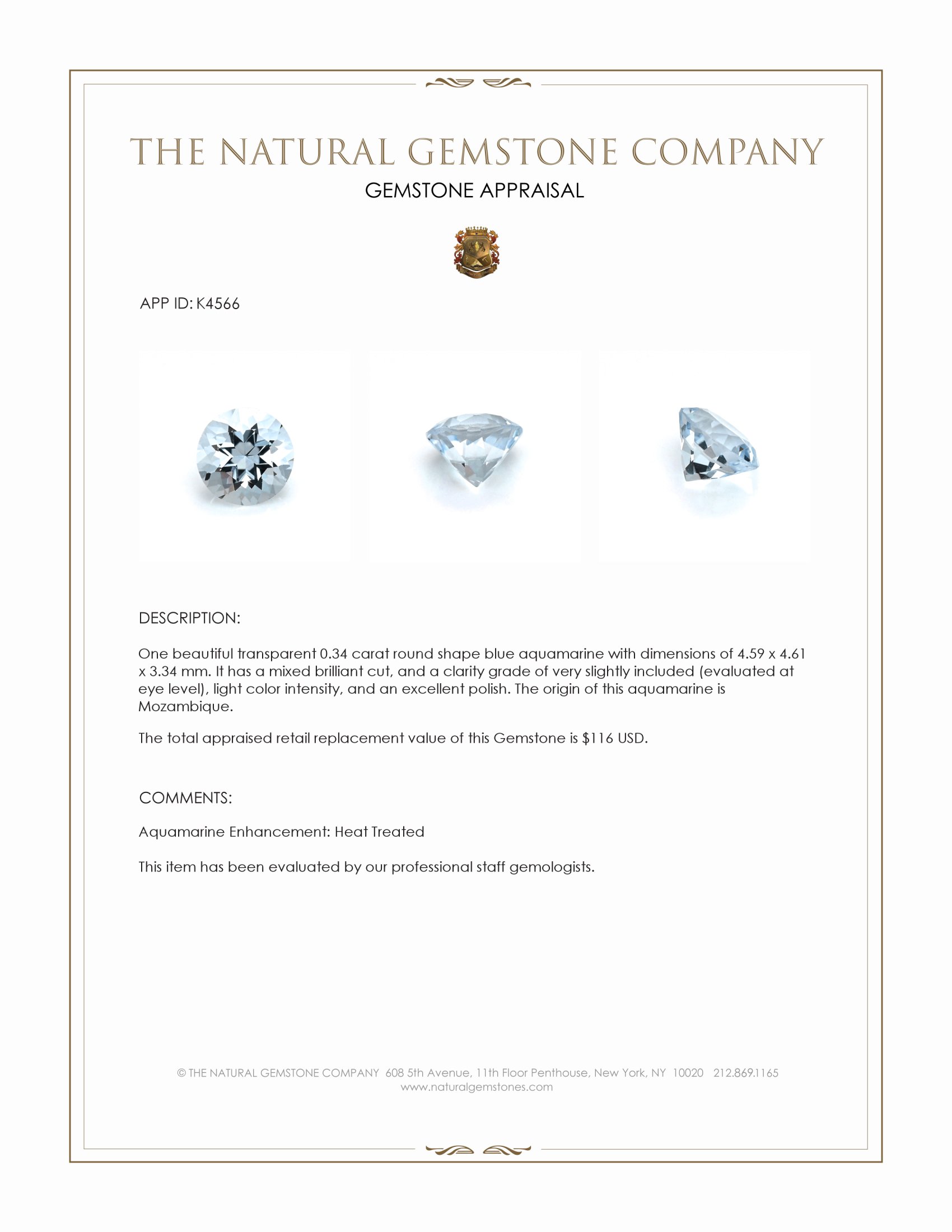 0.34 Ct. Blue Aquamarine from Mozambique