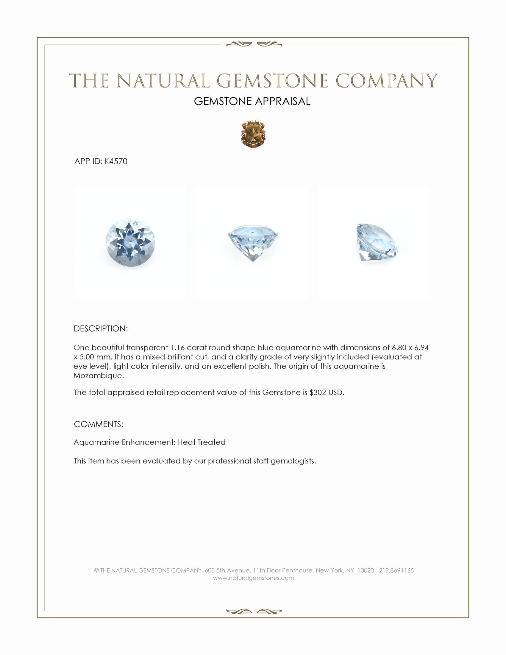 1.16 Ct. Blue Aquamarine from Mozambique