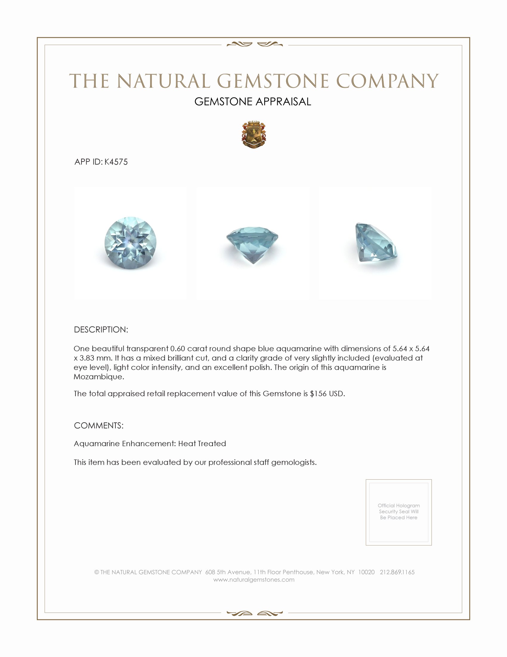 0.60 Ct. Aquamarine from Mozambique