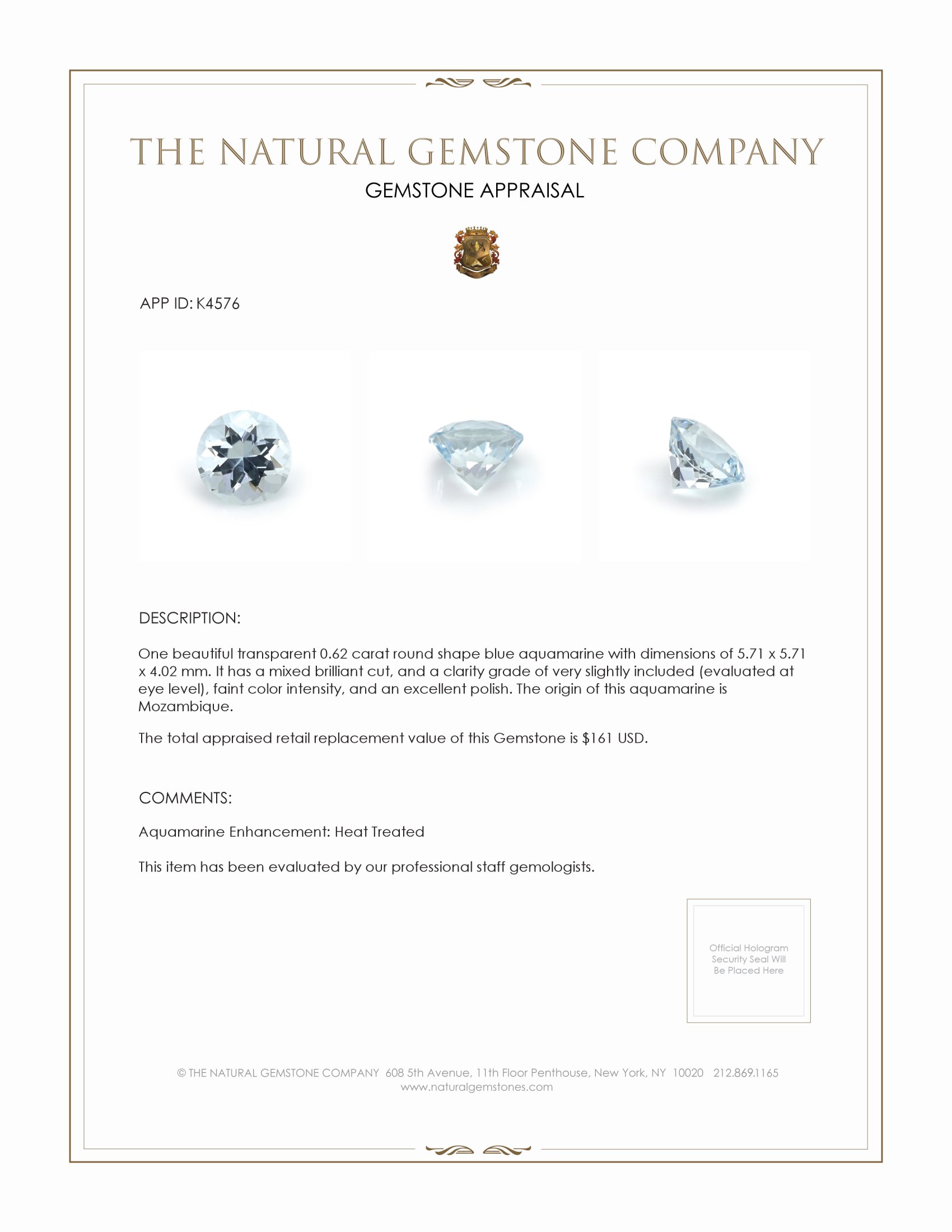 0.62 Ct. Aquamarine from Mozambique