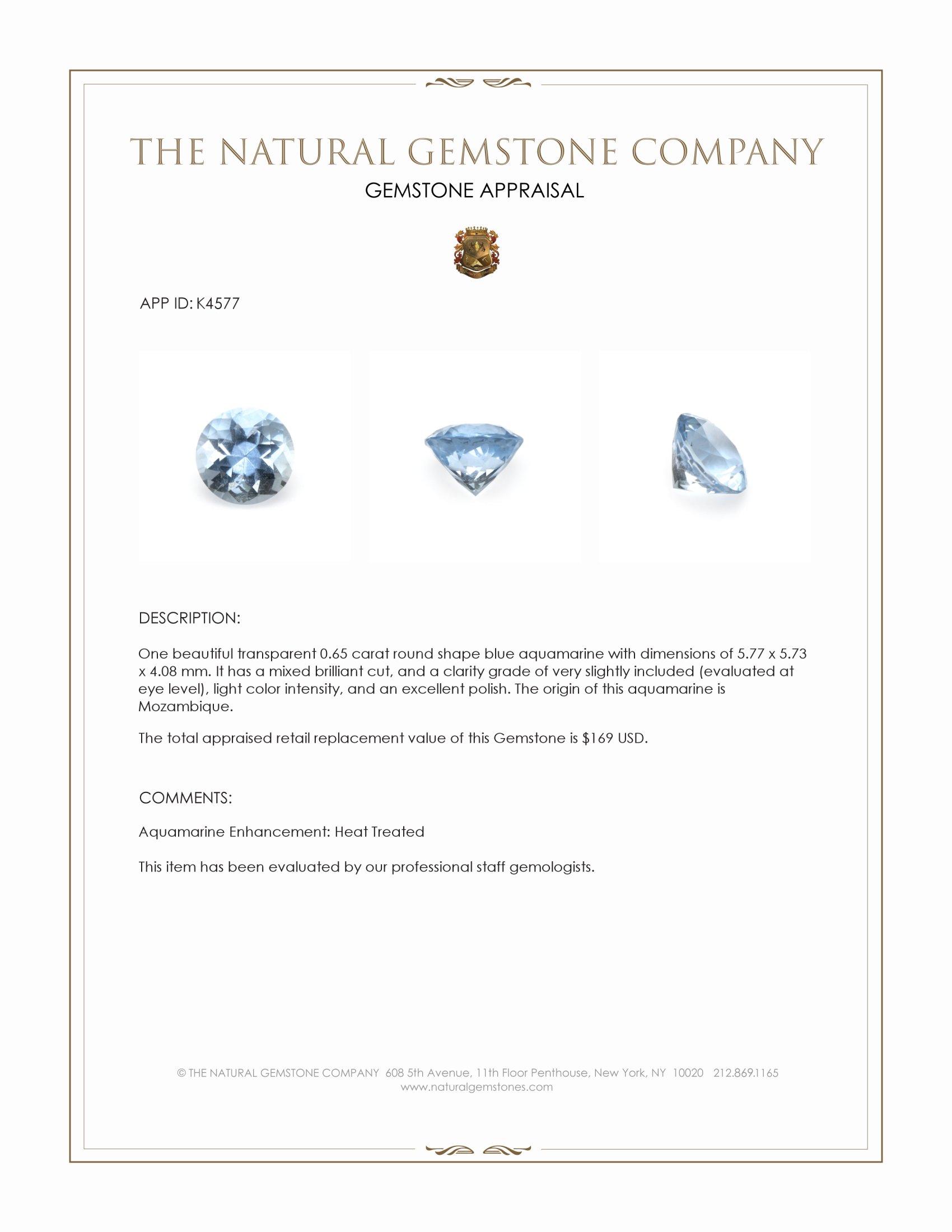 0.65 Ct. Blue Aquamarine from Mozambique