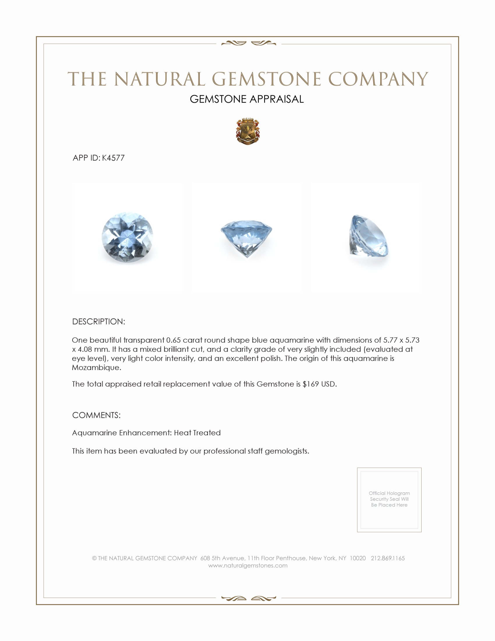 0.65 Ct. Aquamarine from Mozambique
