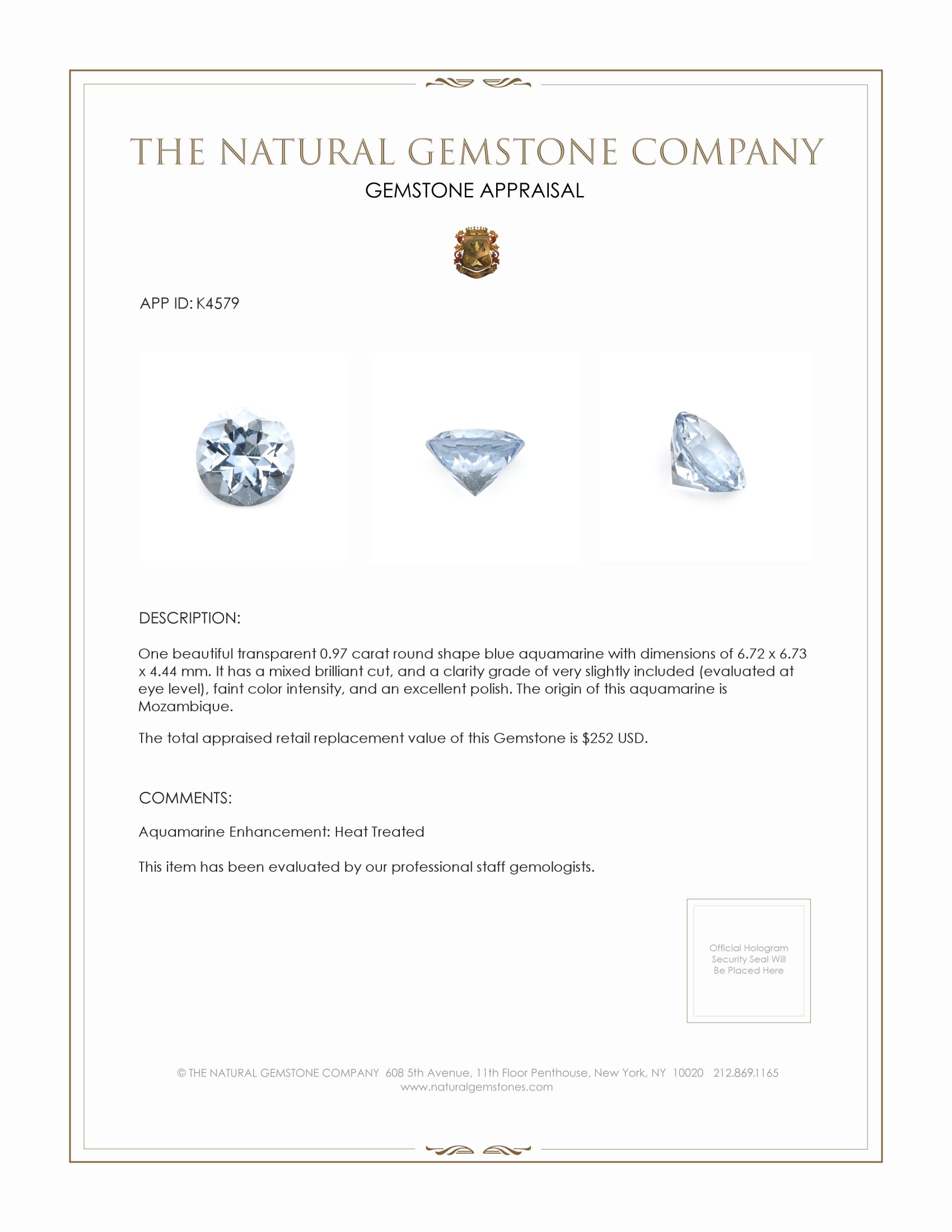 0.97 Ct. Aquamarine from Mozambique