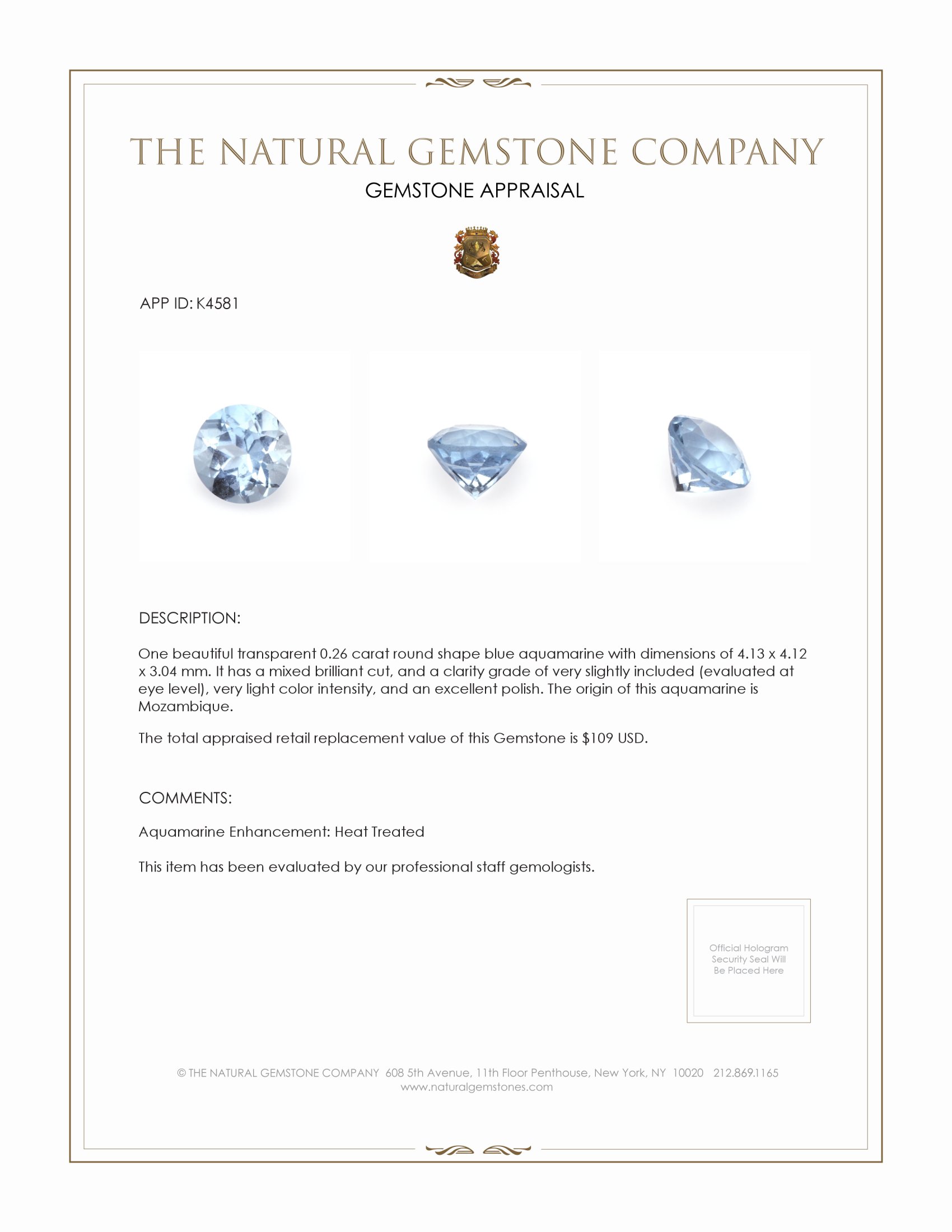 0.26 Ct. Aquamarine from Mozambique