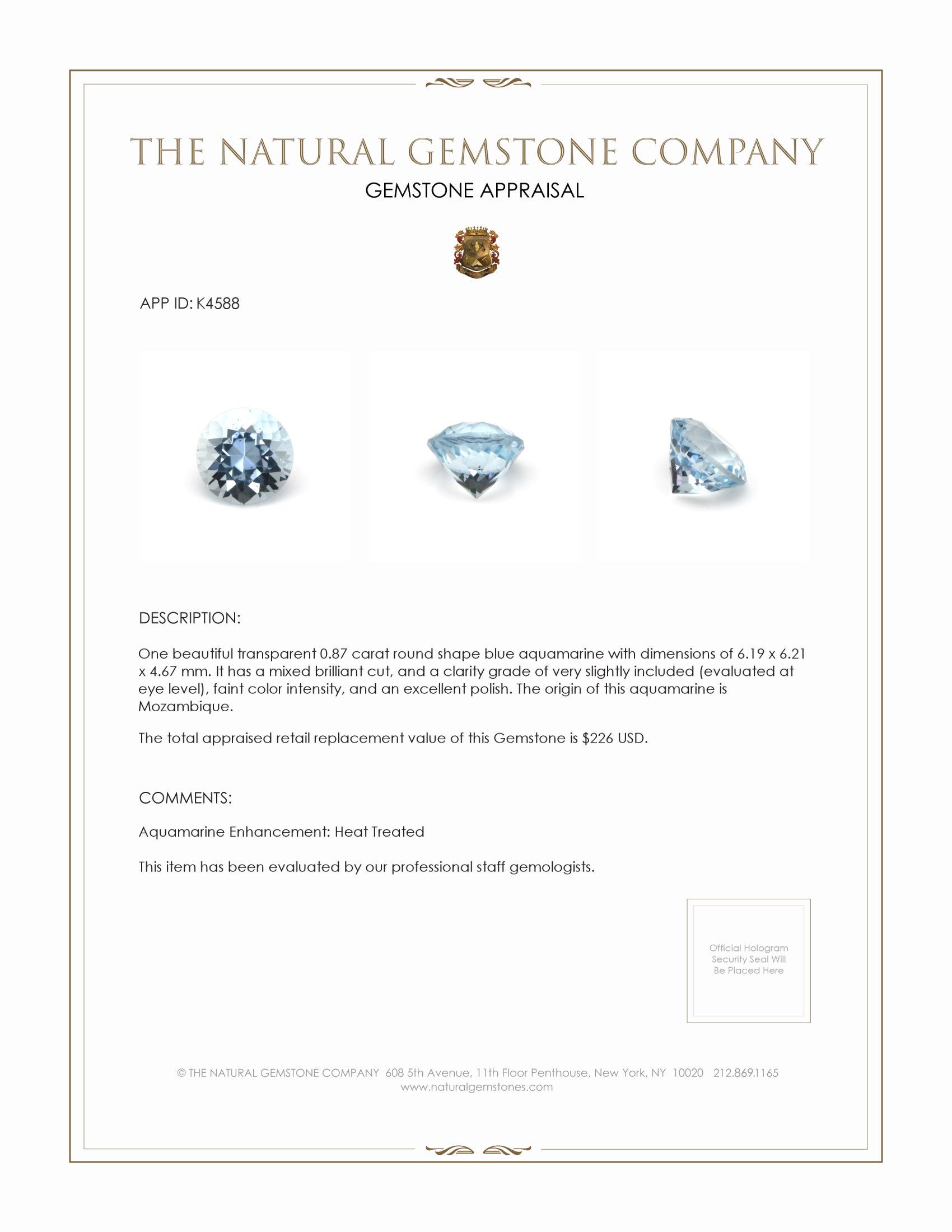 0.87 Ct. Aquamarine from Mozambique