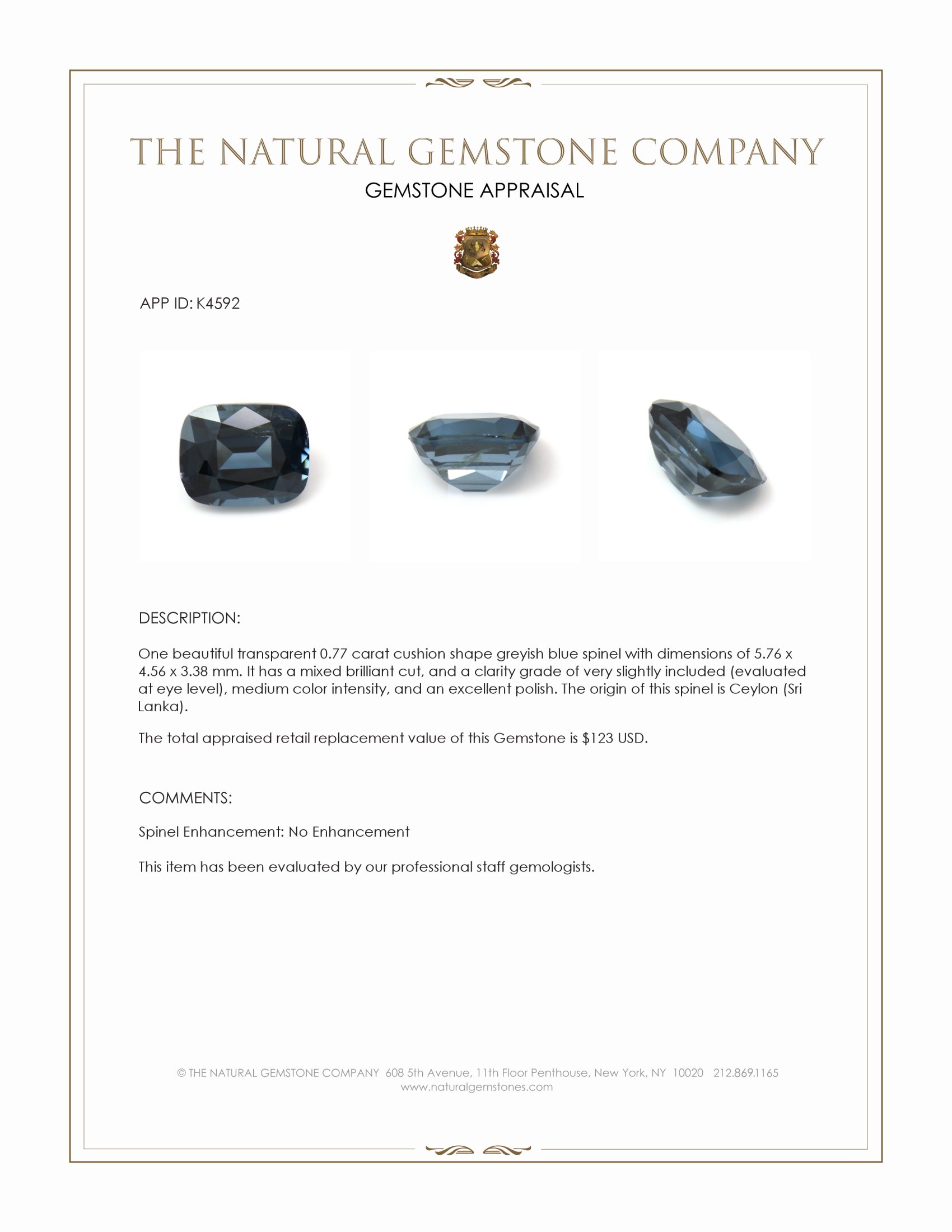 0.77 Ct. Greyish Blue Spinel from Ceylon (Sri Lanka)