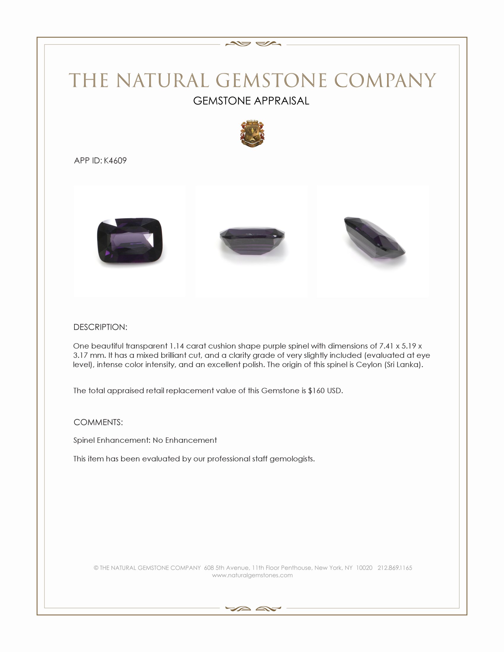 1.14 Ct. Purple Spinel from Ceylon (Sri Lanka)