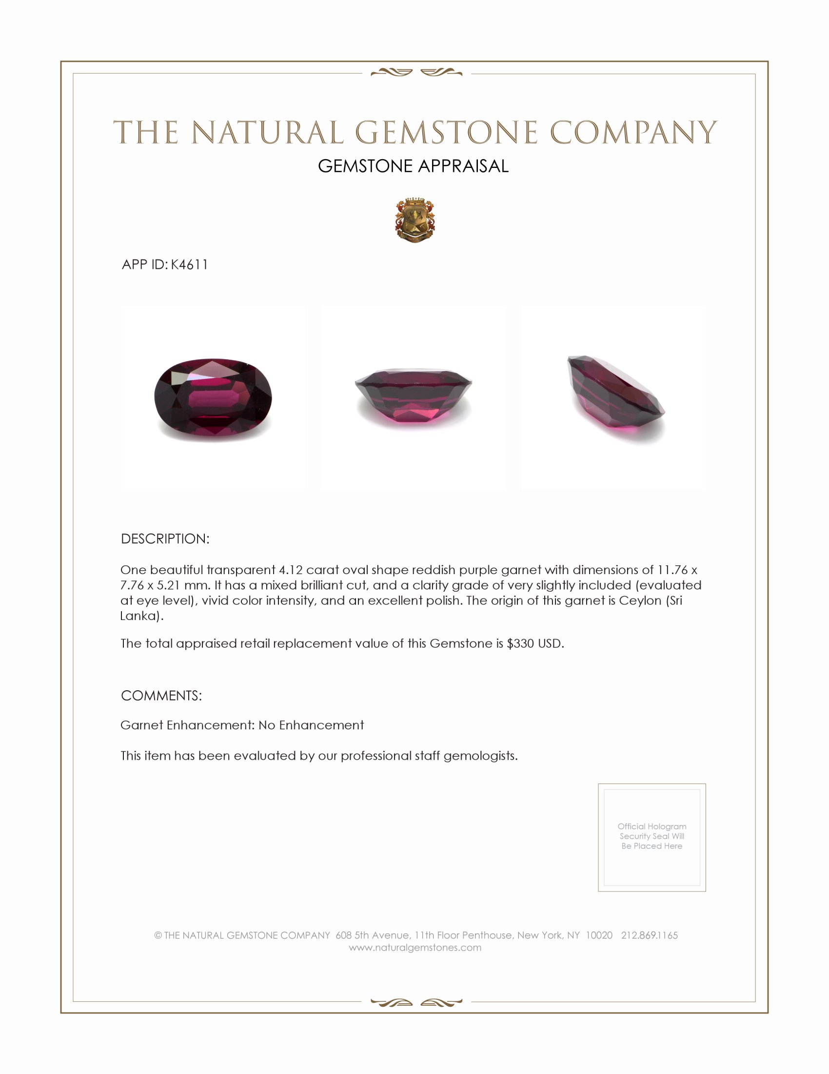 4.12 Ct. Reddish Purple Garnet from Ceylon (Sri Lanka)