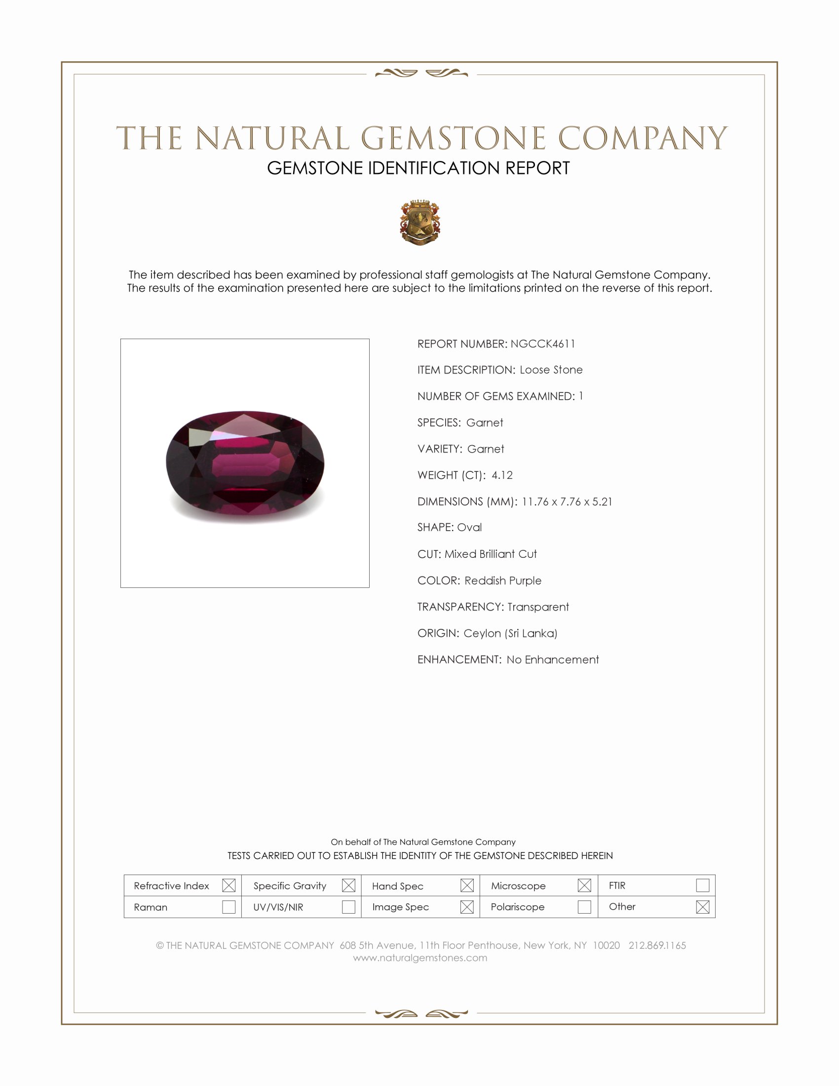 4.12 Ct. Reddish Purple Garnet from Ceylon (Sri Lanka)