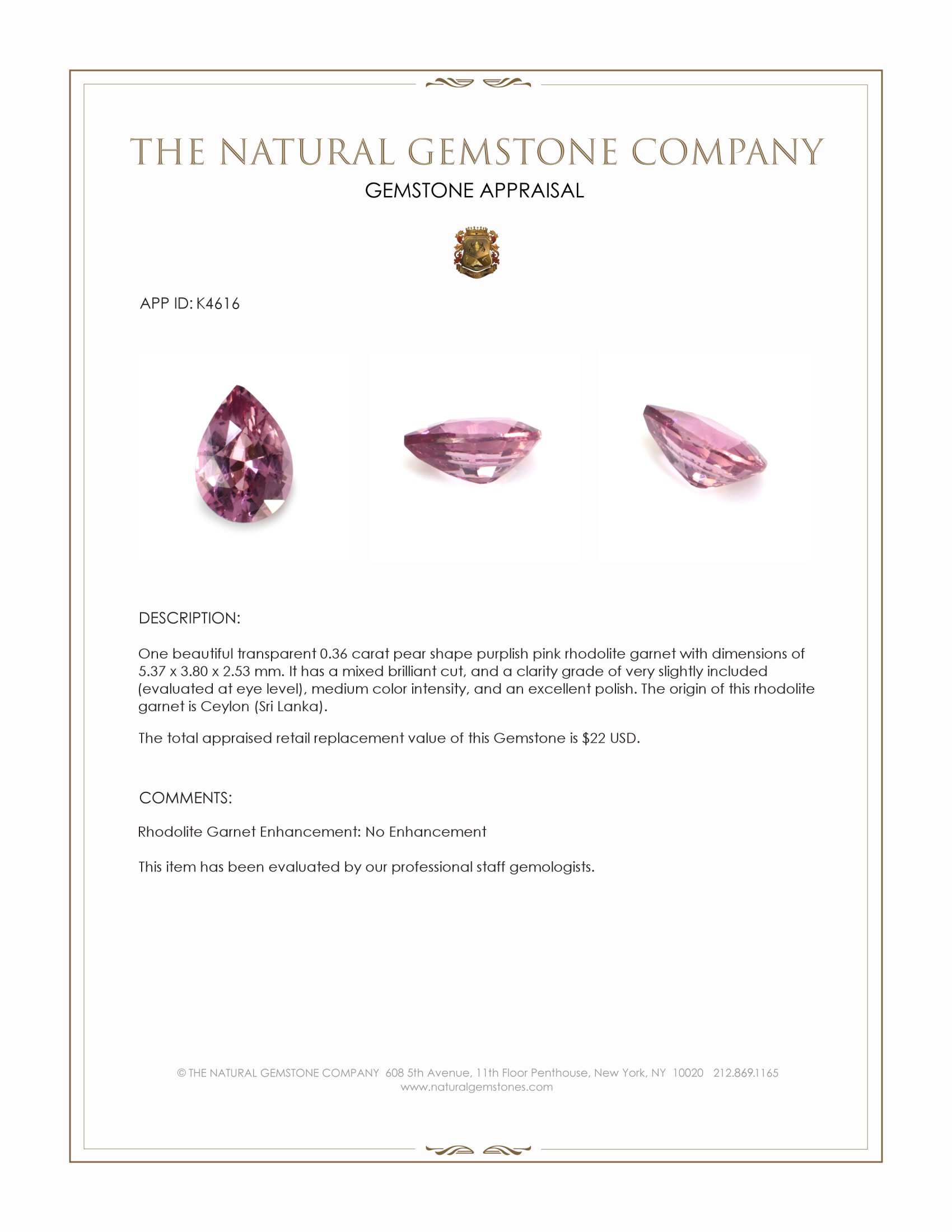 0.36 Ct. Purplish Pink Rhodolite Garnet from Ceylon (Sri Lanka)