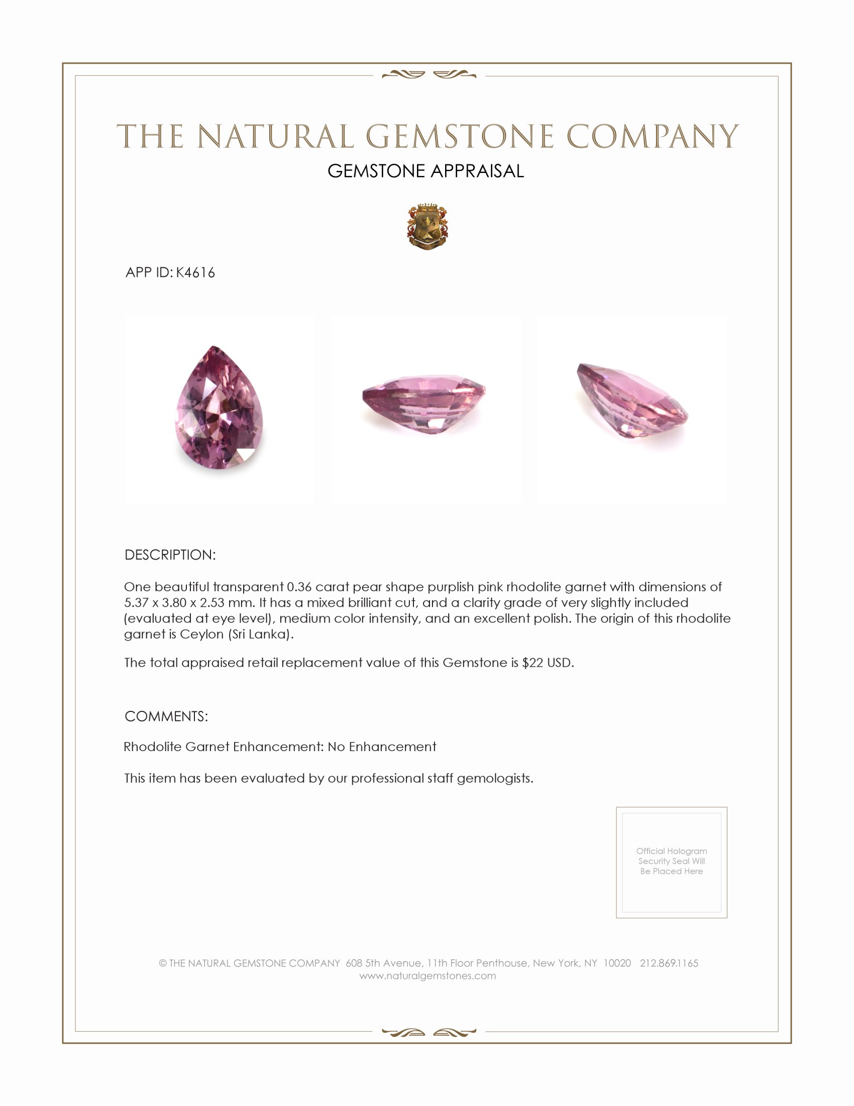 0.36 Ct. Rhodolite Garnet from Ceylon (Sri Lanka)