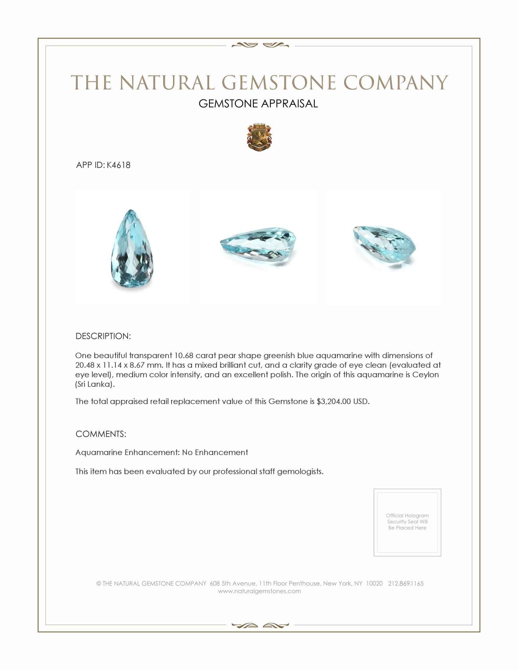 10.68 Ct. Aquamarine from Ceylon (Sri Lanka)
