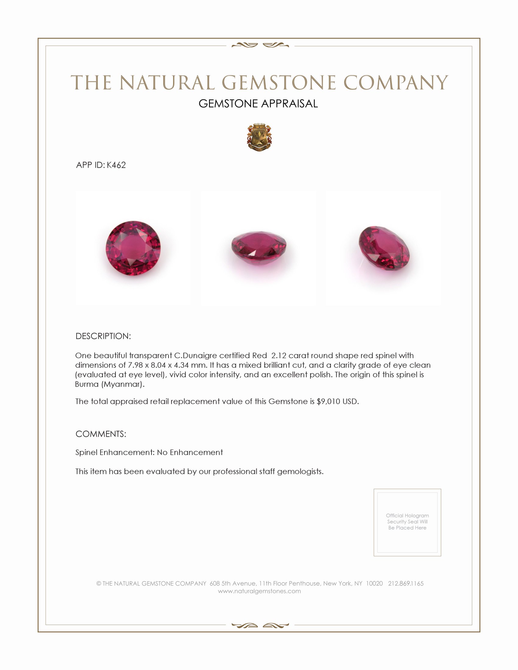 2.12 Ct. Spinel from Burma (Myanmar)