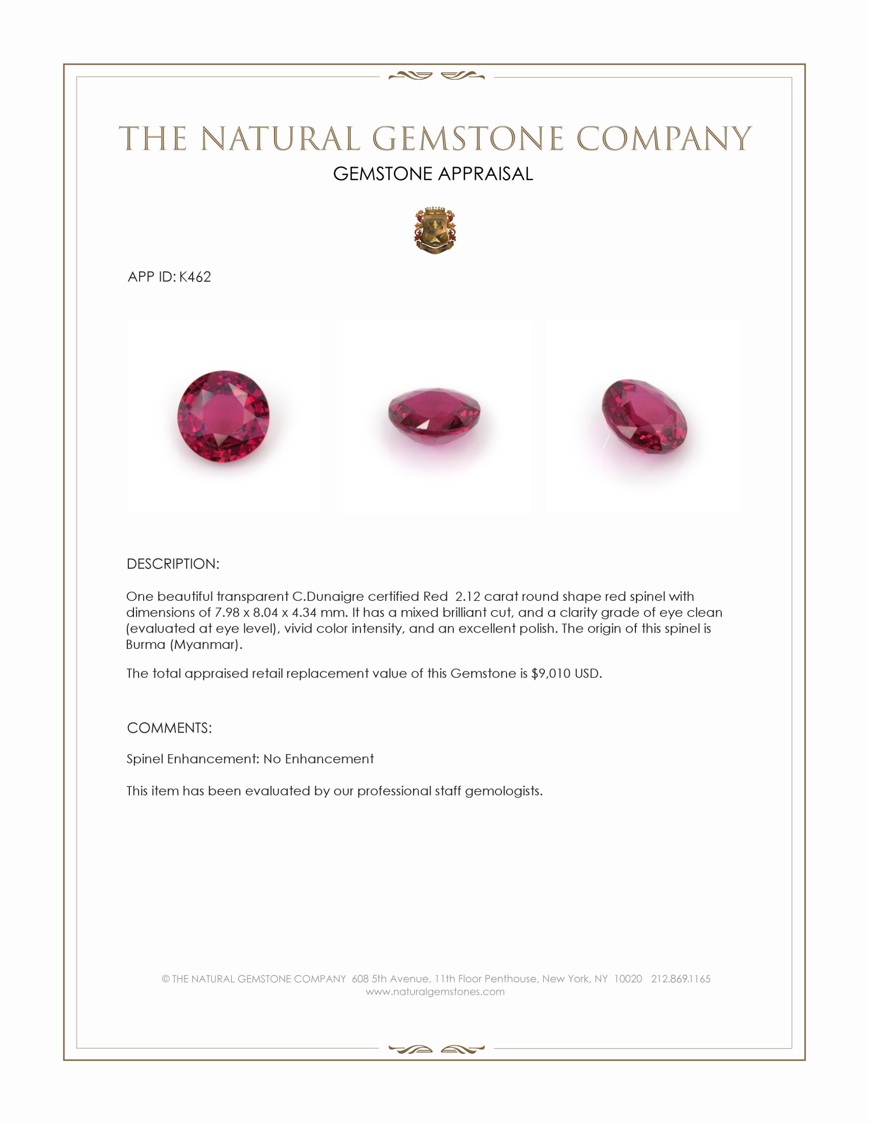 2.12 Ct. Spinel from Burma (Myanmar)
