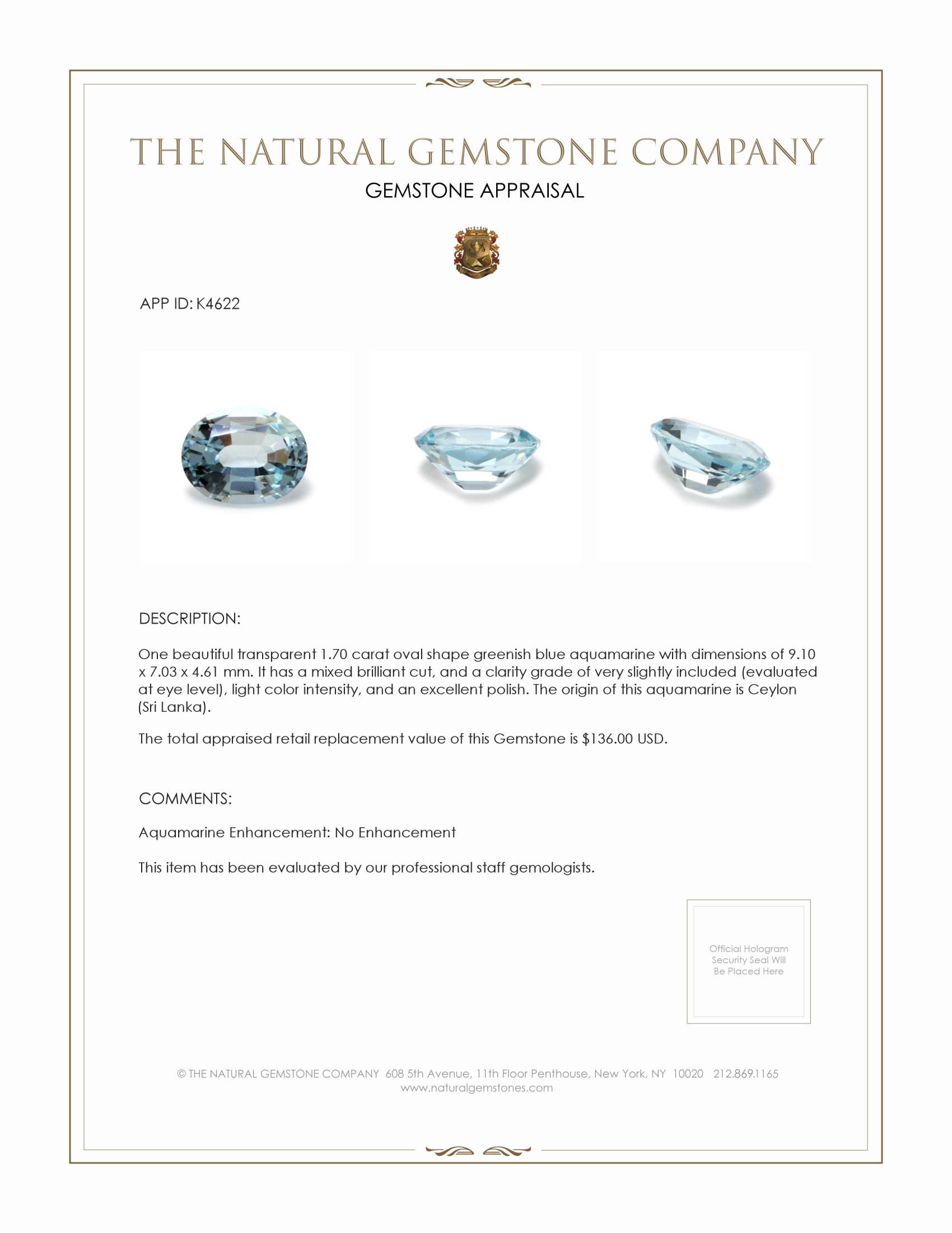 1.70 Ct. Aquamarine from Ceylon (Sri Lanka)