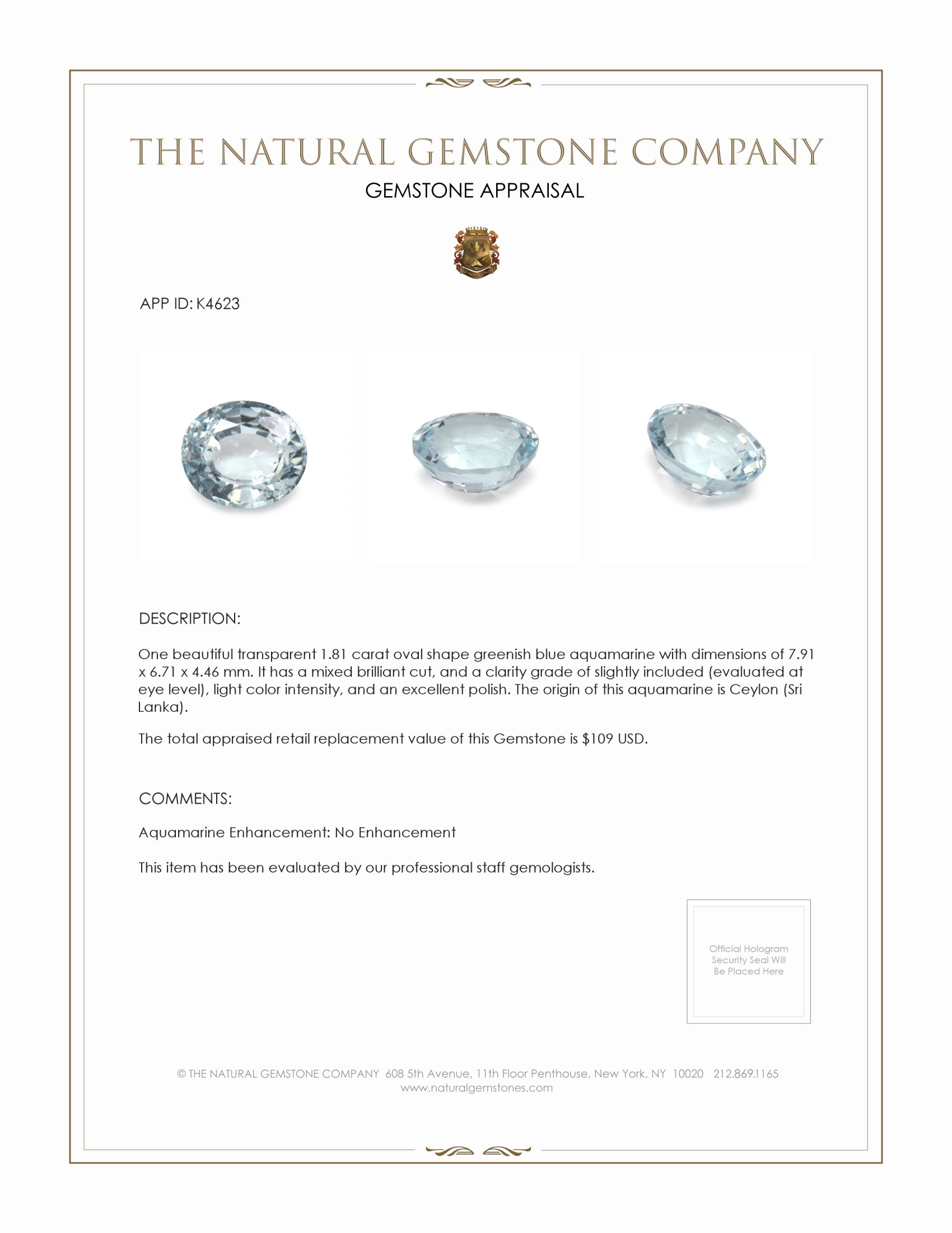 1.81 Ct. Aquamarine from Ceylon (Sri Lanka)