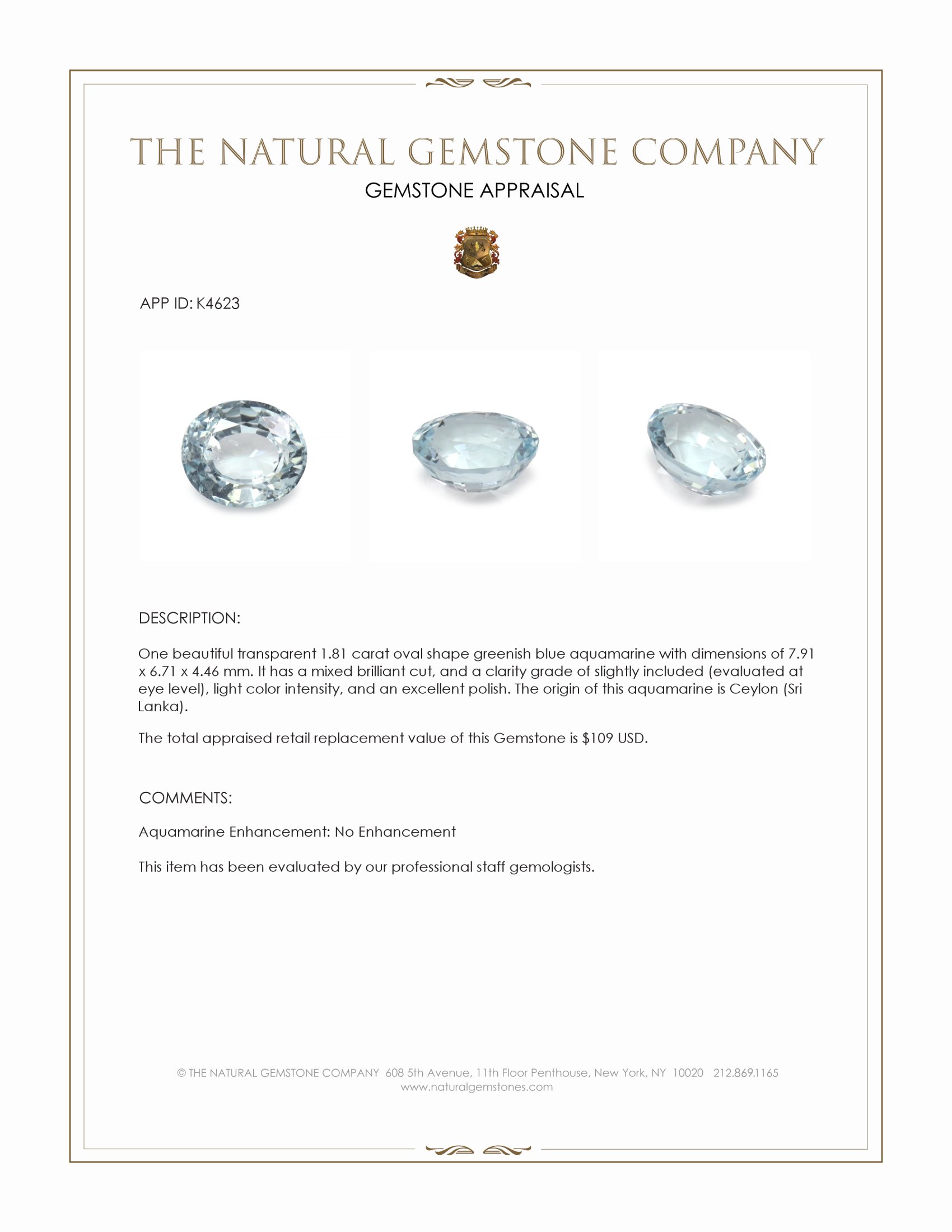 1.81 Ct. Aquamarine from Ceylon (Sri Lanka)