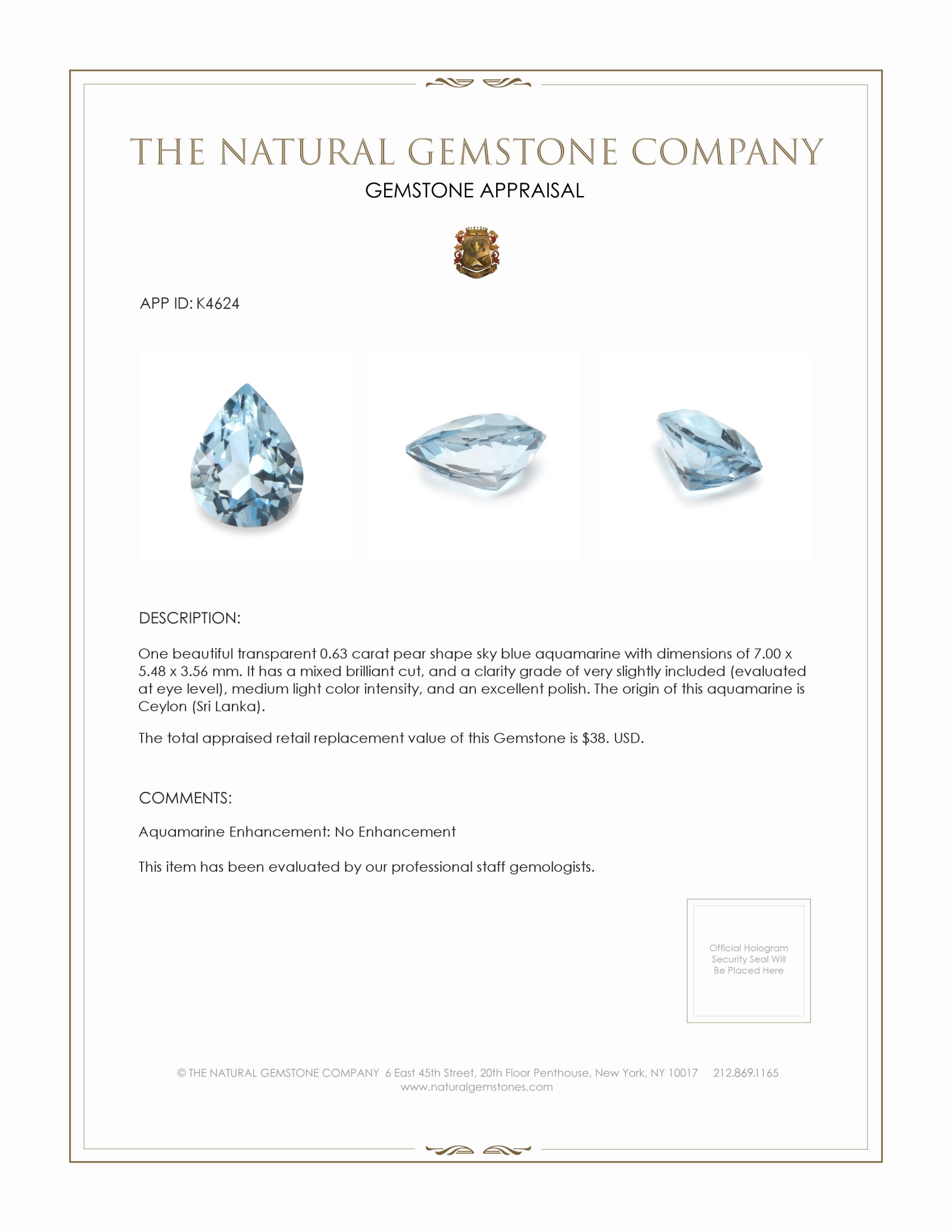 0.63 Ct. Aquamarine from Ceylon (Sri Lanka)