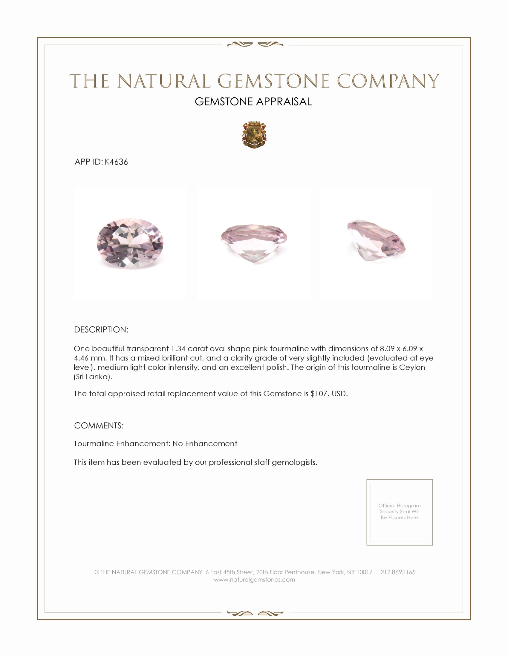 1.34 Ct. Tourmaline from Ceylon (Sri Lanka)