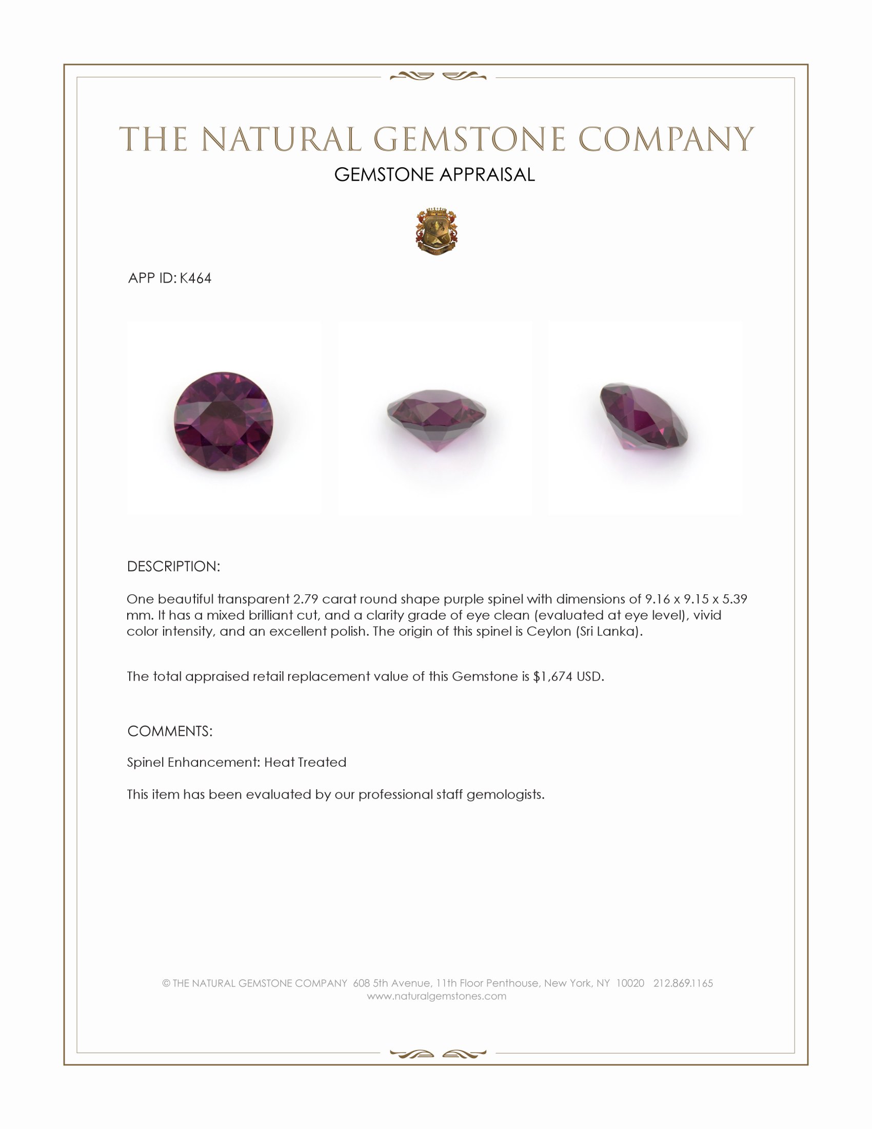 2.79 Ct. Purplish Pink Spinel from Ceylon (Sri Lanka)