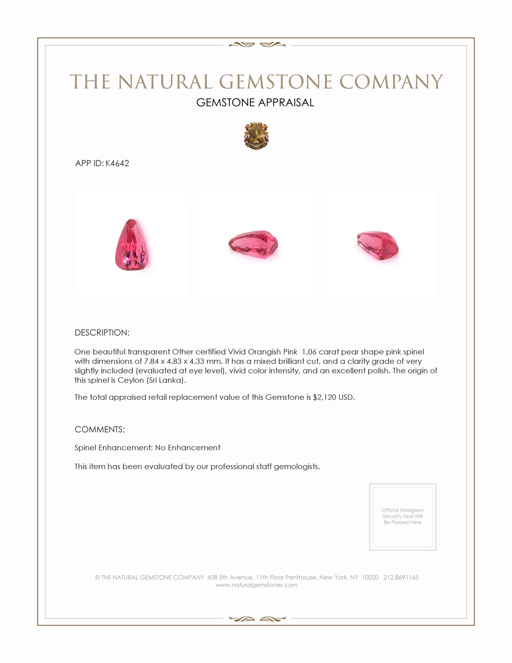 1.06 Ct. Pink Spinel from Ceylon (Sri Lanka)