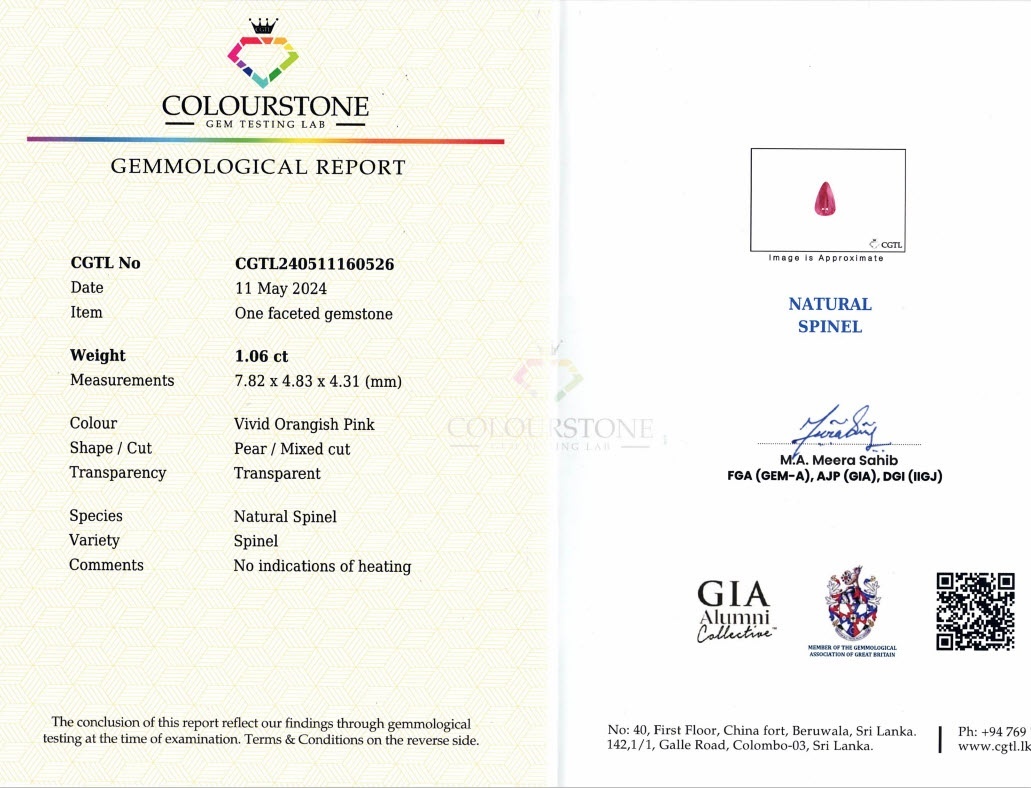 1.06 Ct. Spinel from Ceylon (Sri Lanka)