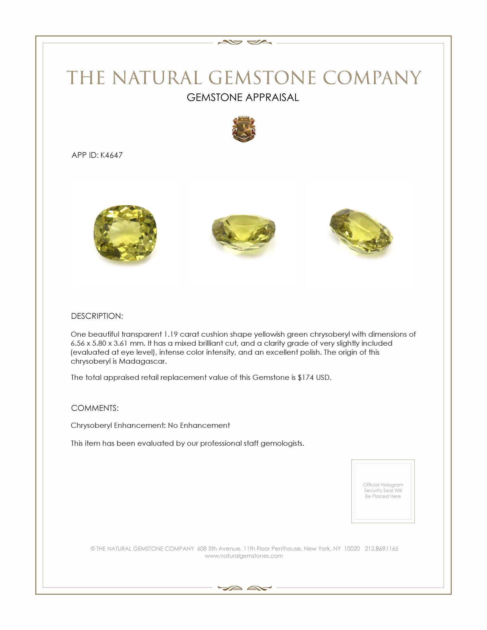 1.19 Ct. Chrysoberyl from Madagascar