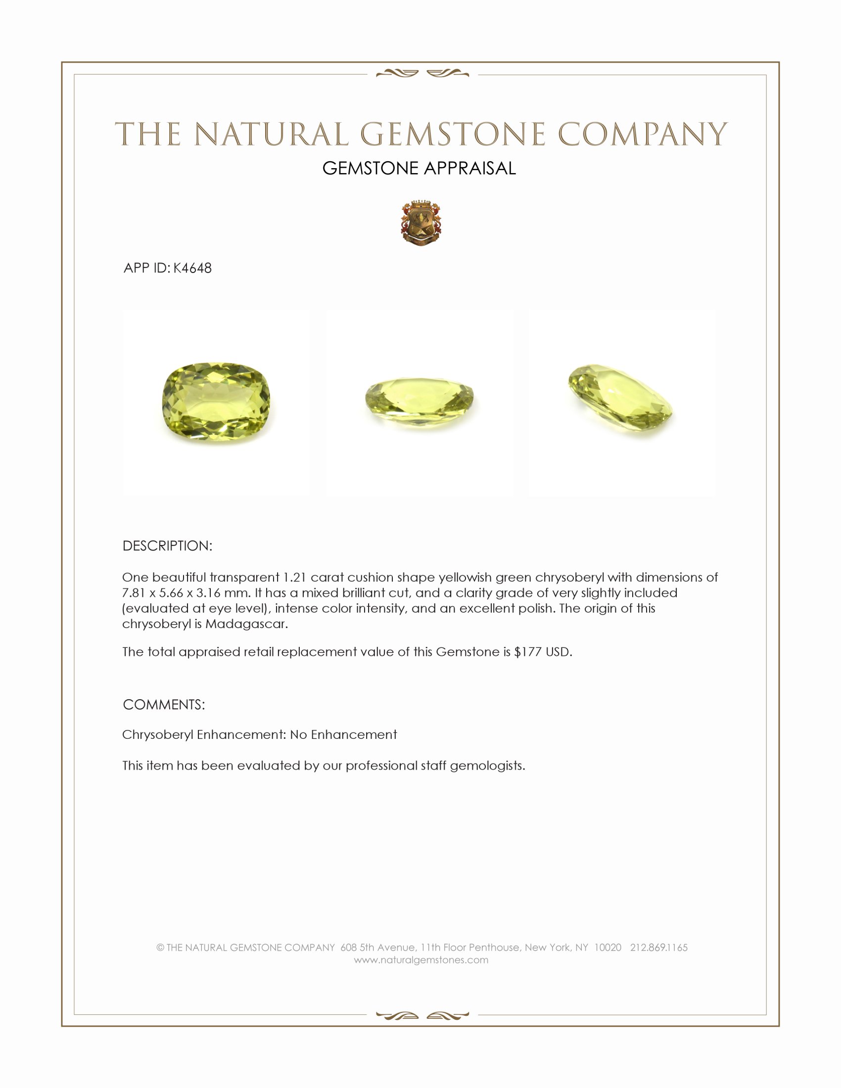 1.21 Ct. Yellowish Green Chrysoberyl from Madagascar