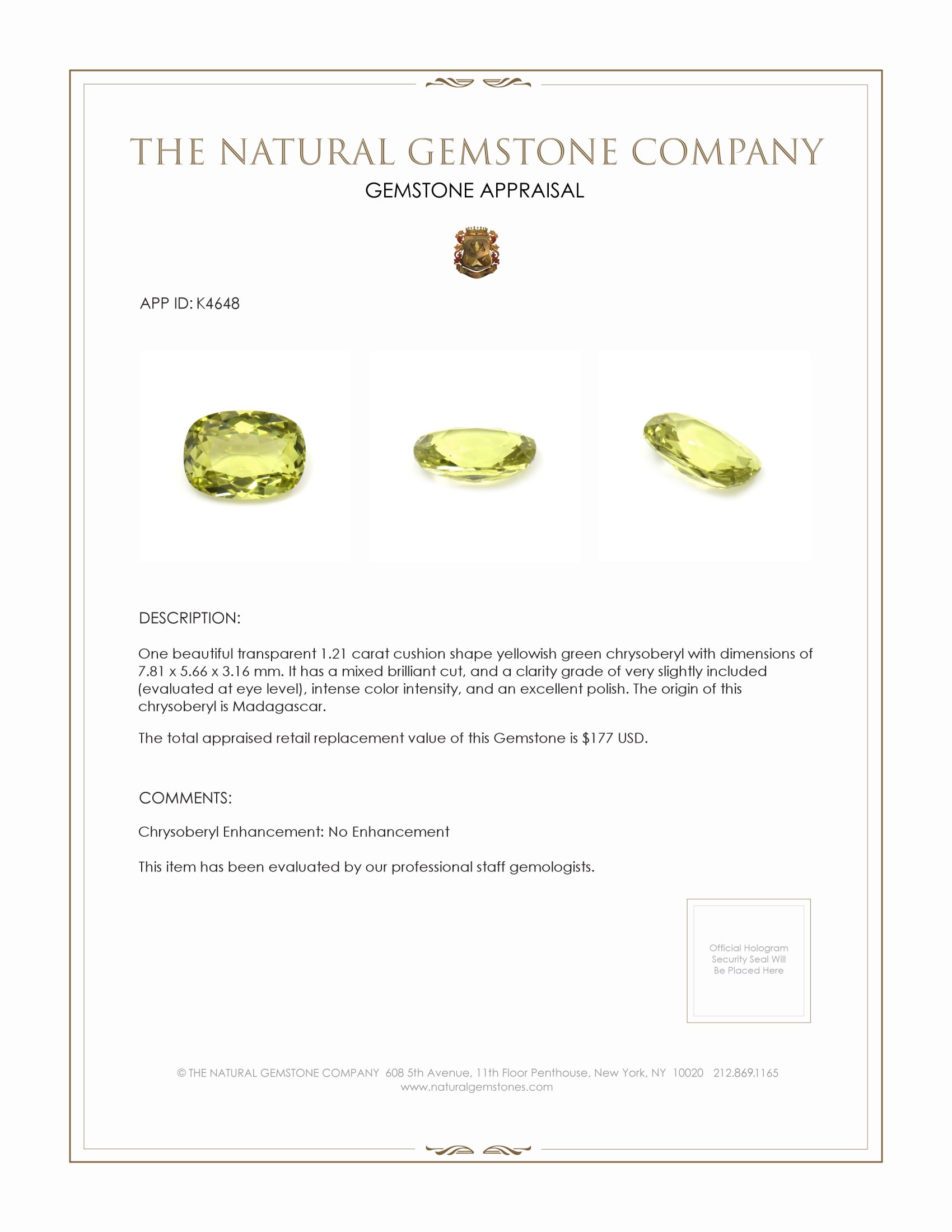 1.21 Ct. Chrysoberyl from Madagascar