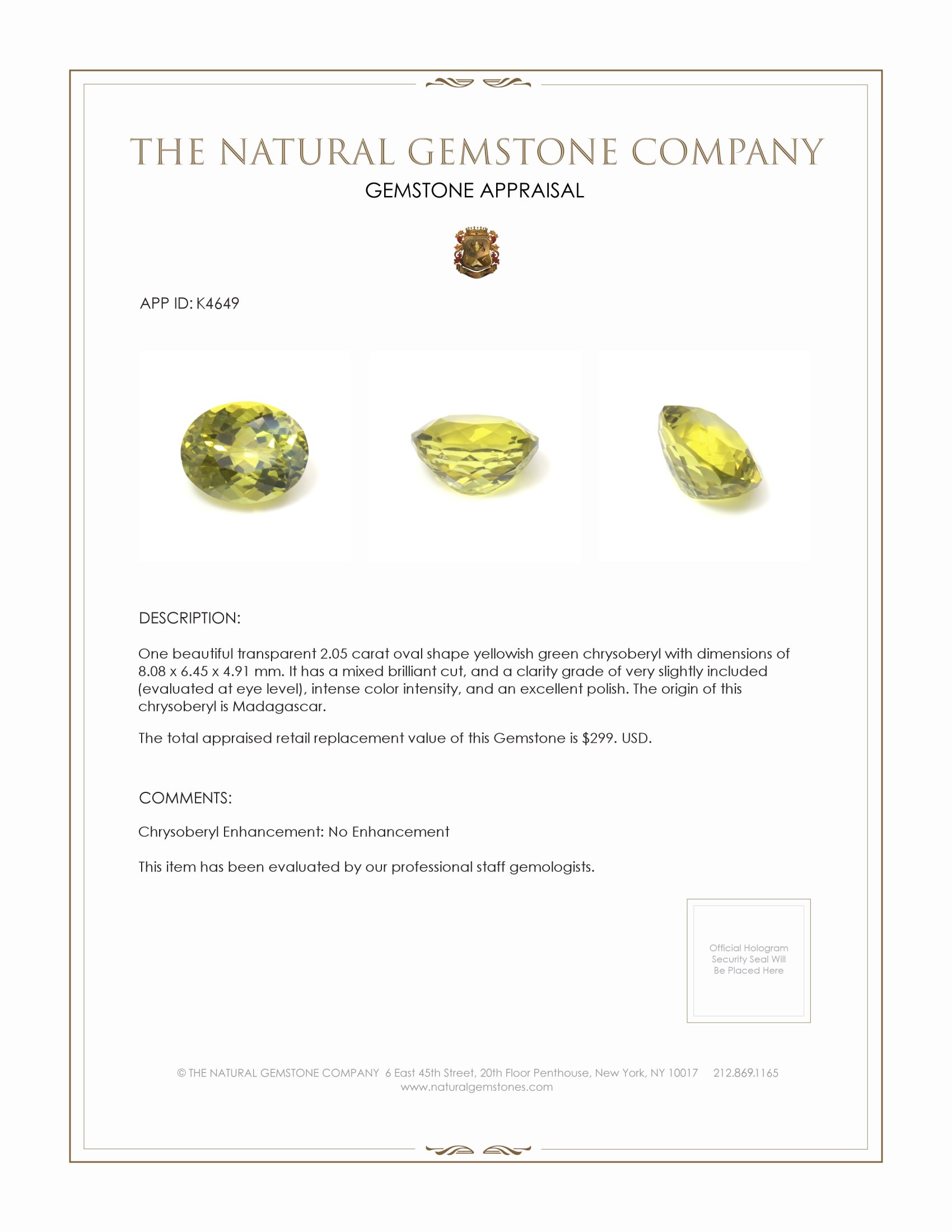 2.05 Ct. Chrysoberyl from Madagascar