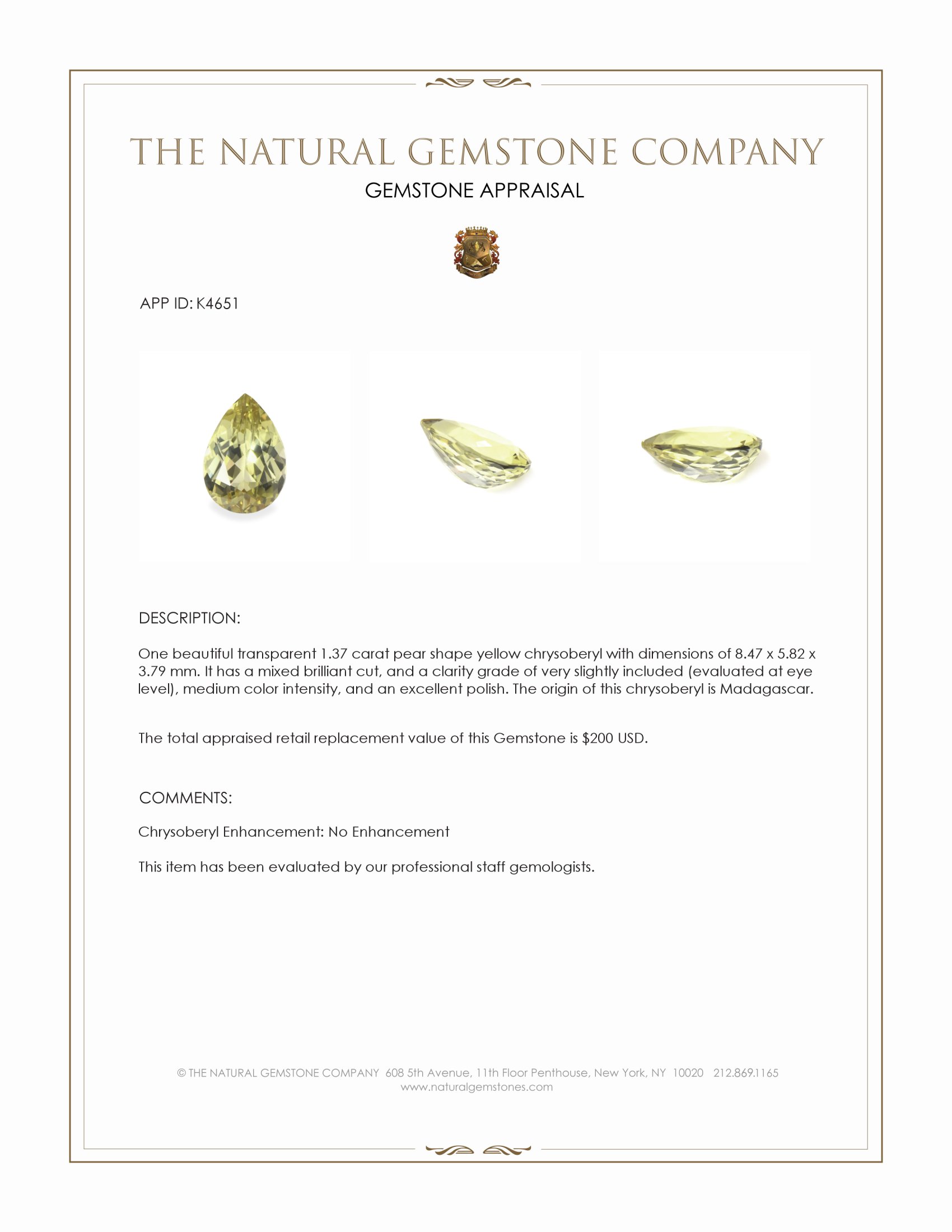 1.37 Ct. Yellow Chrysoberyl from Madagascar