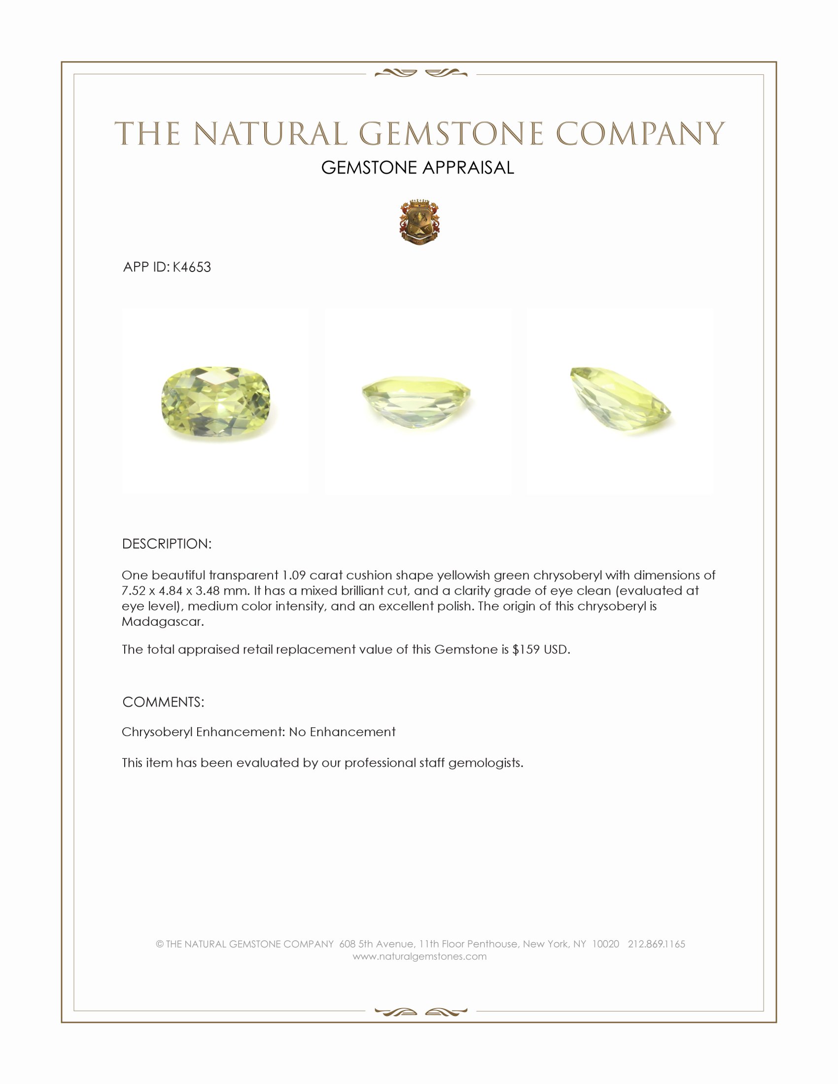 1.09 Ct. Chrysoberyl from Madagascar