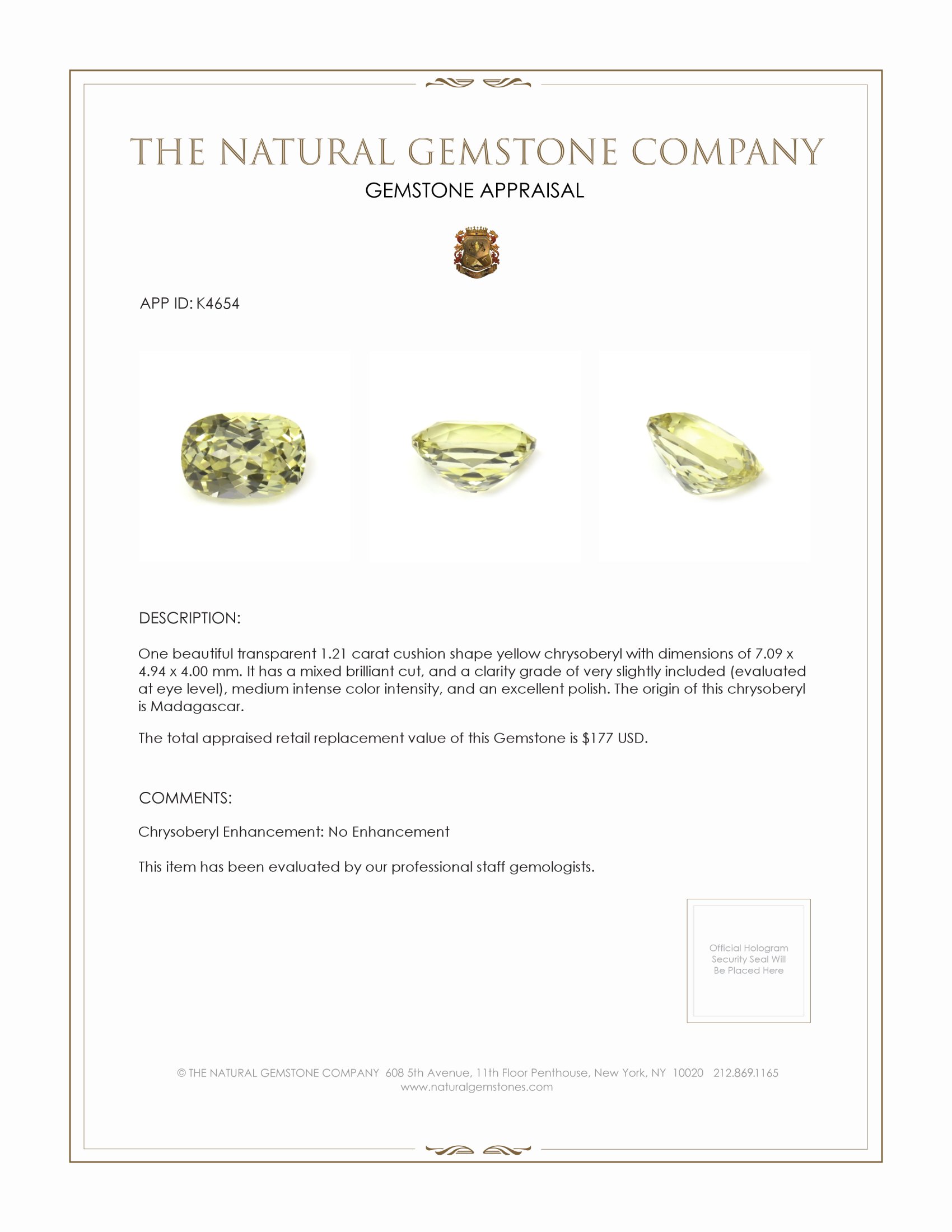 1.21 Ct. Yellow Chrysoberyl from Madagascar