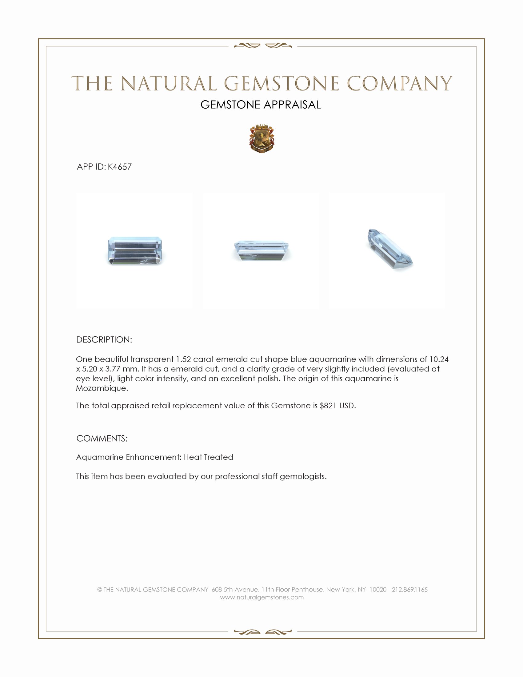 1.52 Ct. Blue Aquamarine from Mozambique