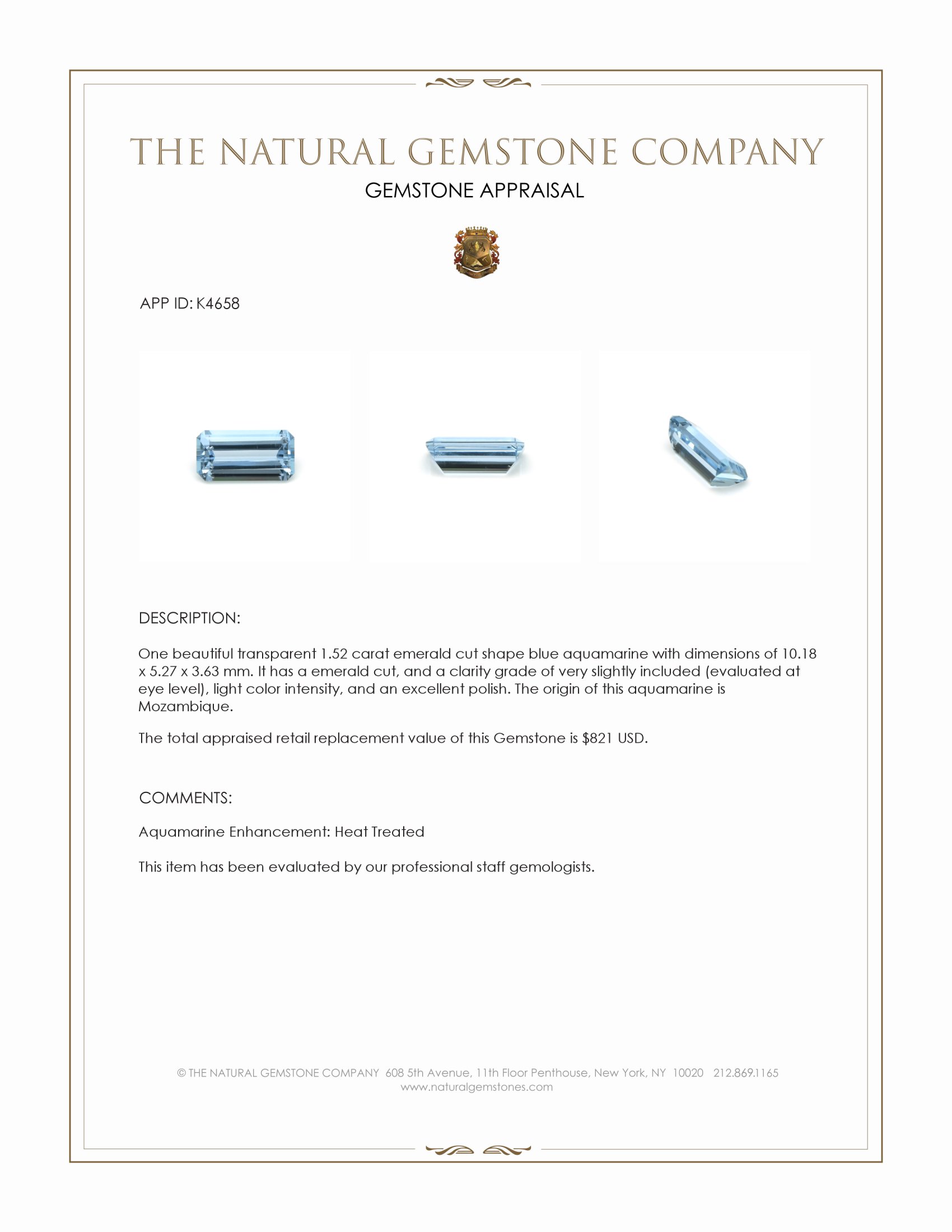 1.52 Ct. Blue Aquamarine from Mozambique