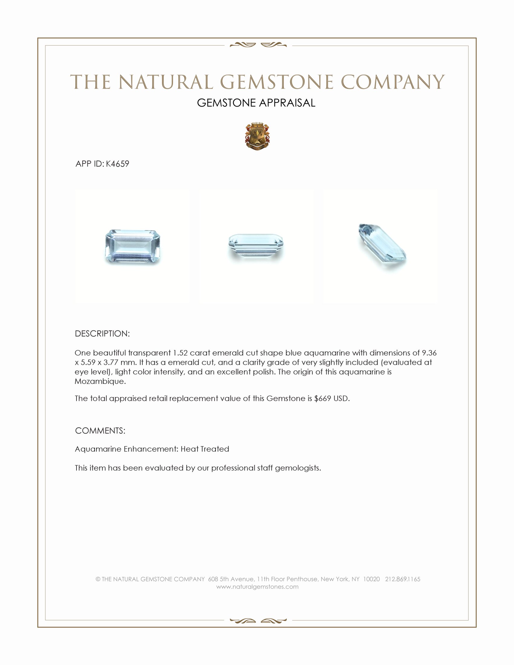 1.52 Ct. Blue Aquamarine from Mozambique