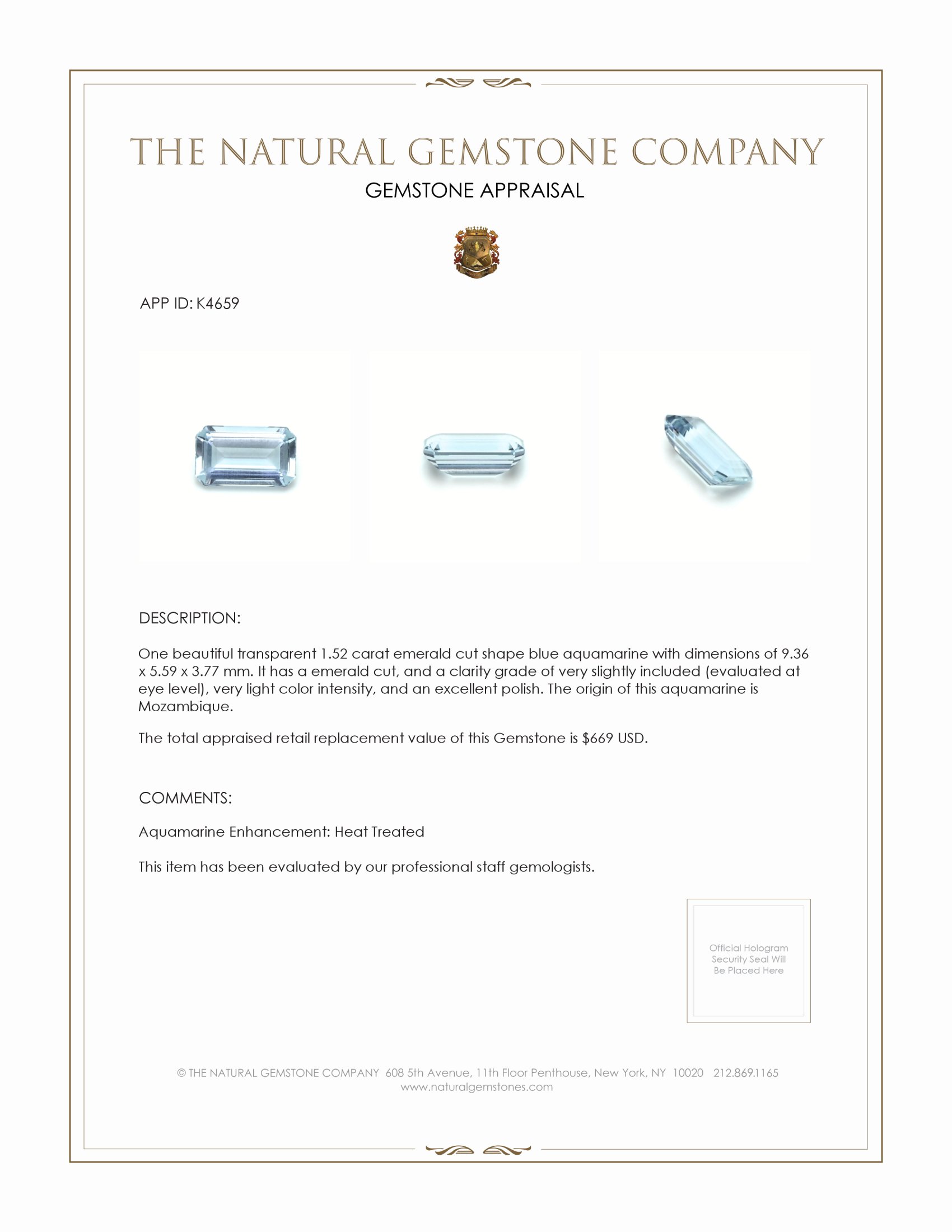 1.52 Ct. Aquamarine from Mozambique