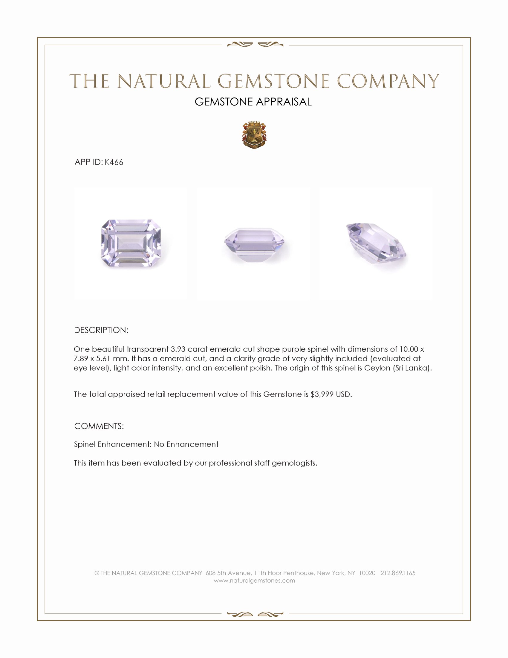 3.93 Ct. Purple Spinel from Ceylon (Sri Lanka)