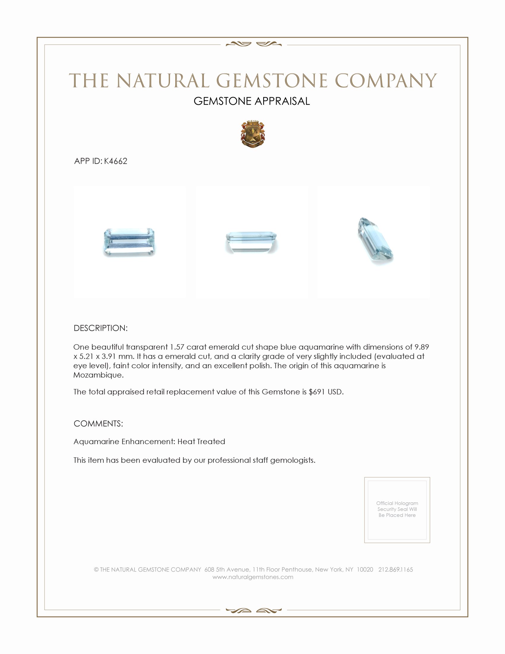 1.57 Ct. Aquamarine from Mozambique