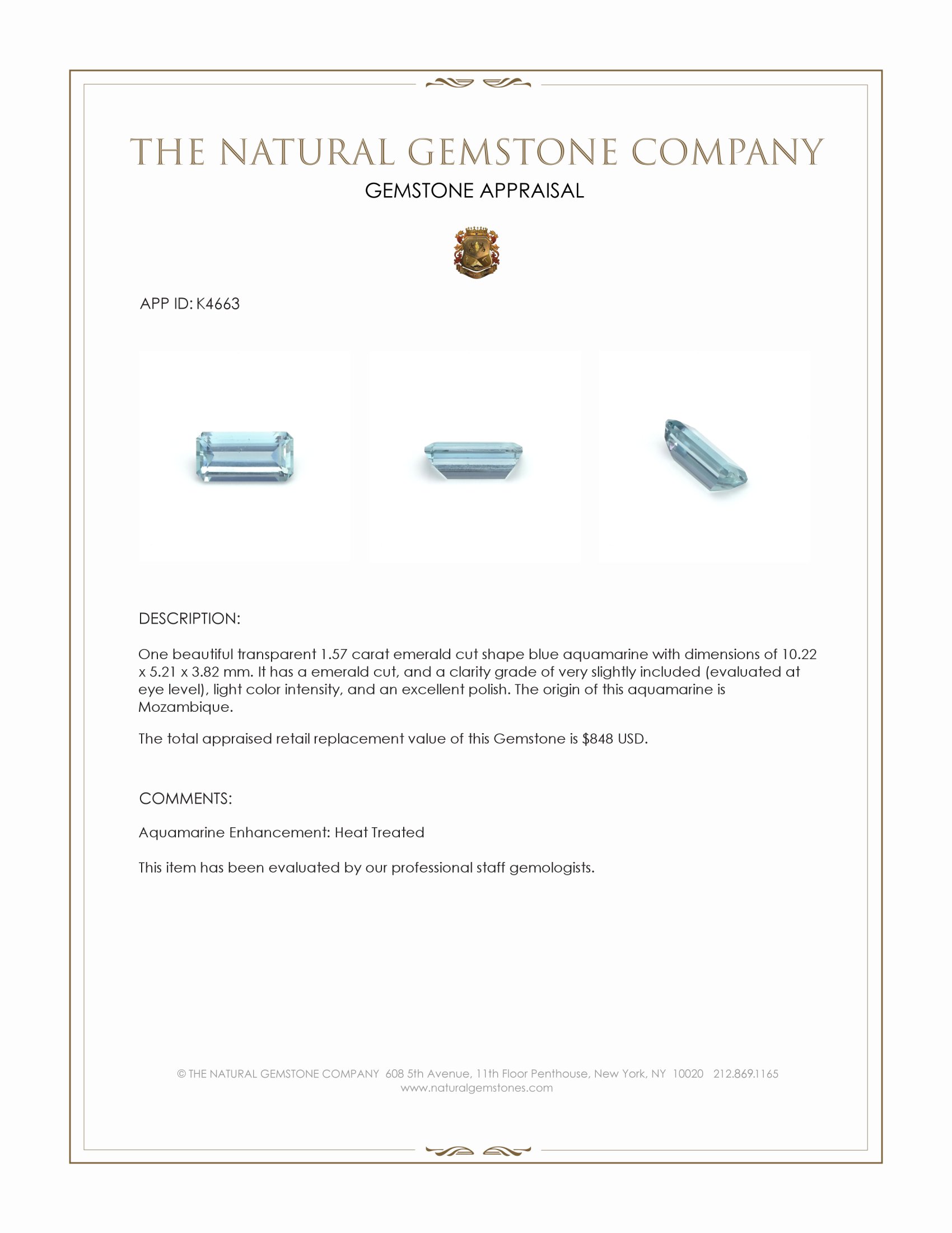 1.57 Ct. Aquamarine from Mozambique