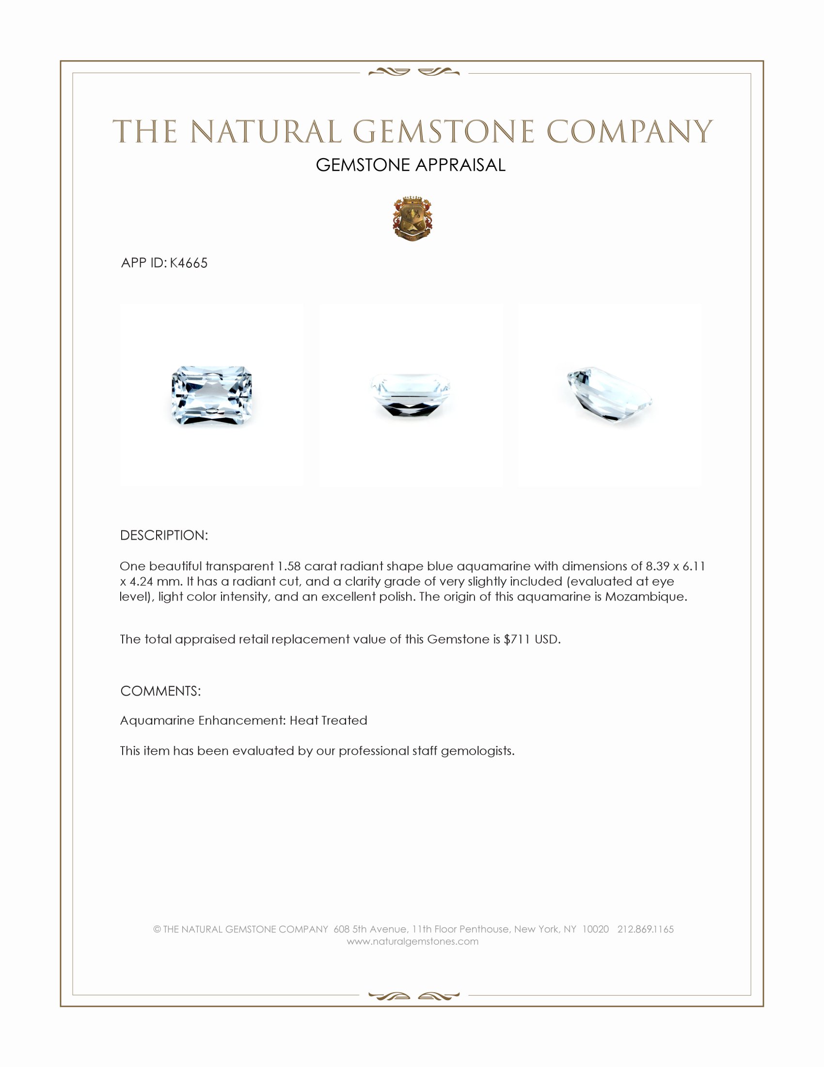 1.58 Ct. Blue Aquamarine from Mozambique